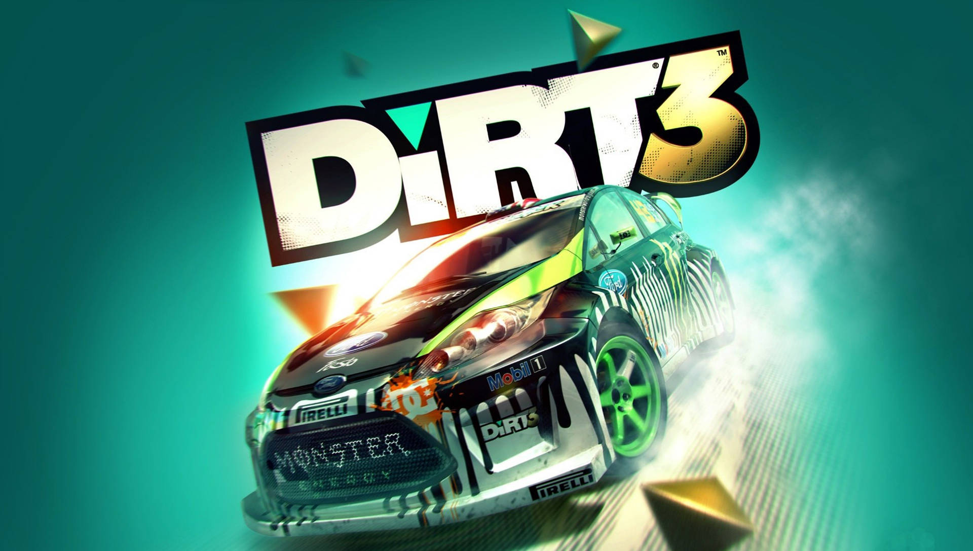 Dirt 3 桌布 壁紙 — 一輛帶有Monster Energy品牌的鮮豔拉力賽車在青綠色照明的抽象環境中疾馳，下方是醒目的DIRT 3標誌。