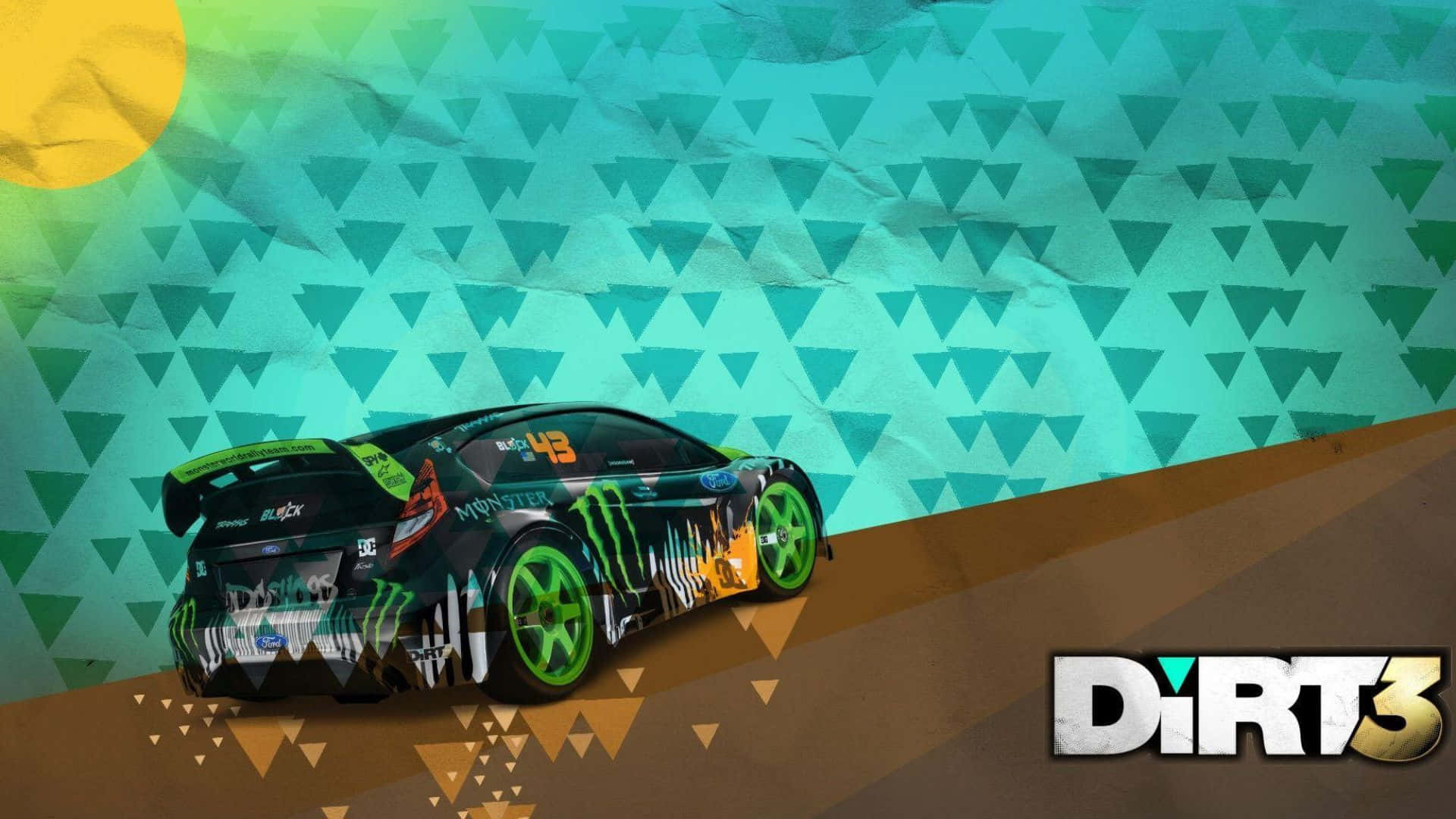 1080p Dirt 3 桌布 壁紙 — 一輛帶有Monster Energy貼紙的綠色和黑色拉力賽車在棕色泥地上飛馳，背景是帶有黃色太陽的藍綠色三角形圖案。