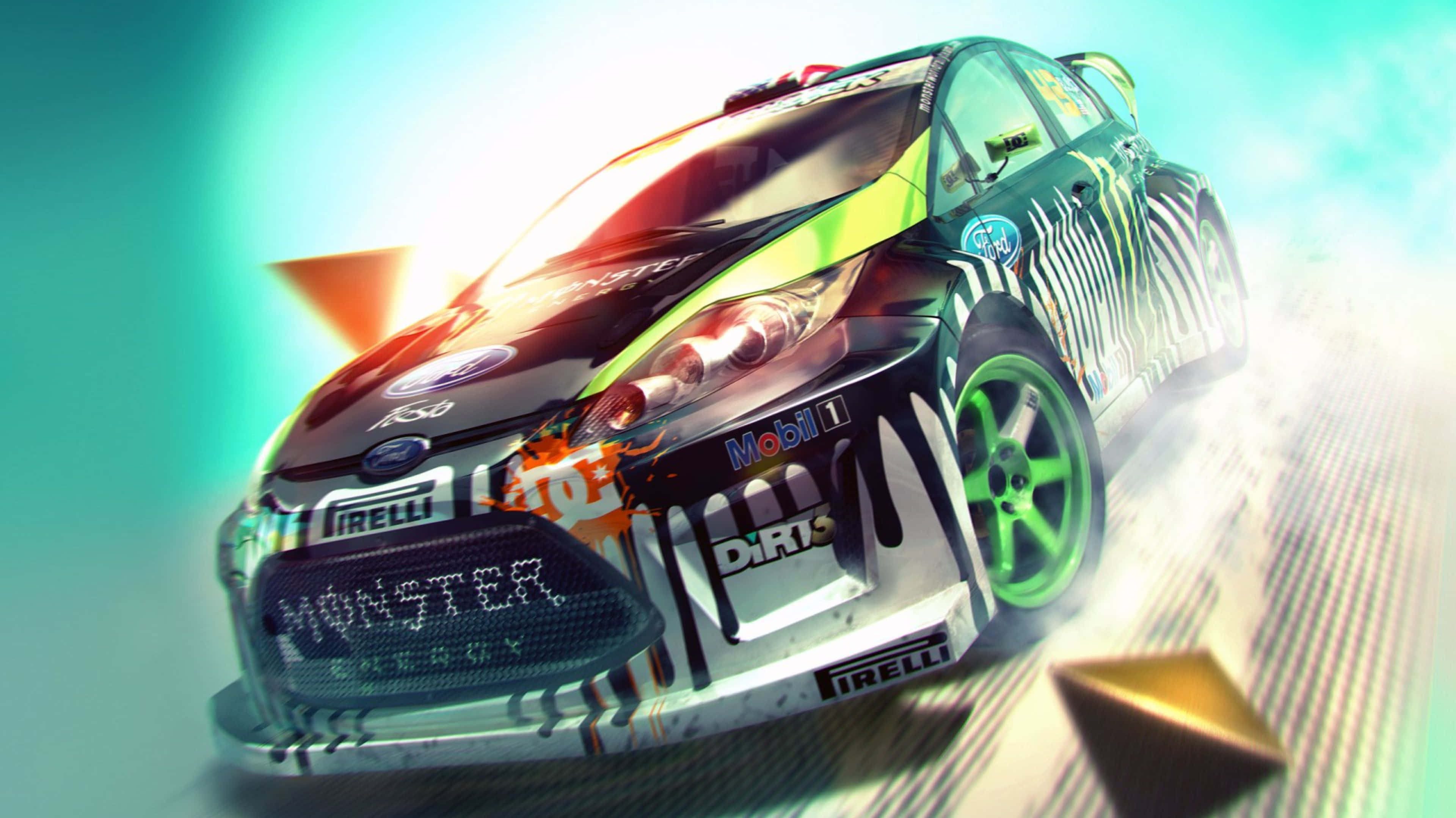 4K Dirt 3 桌布 壁紙 — 一輛帶有Monster Energy品牌的高速飄移賽車，在明亮燈光下的發光賽道上揚起煙霧。