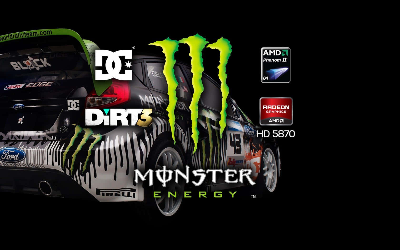 Monster Energy 桌布 壁紙 — 一輛帶有Monster Energy品牌和DC Shoes標誌的黑色拉力賽車出現在Dirt 3的宣傳遊戲桌布中。
