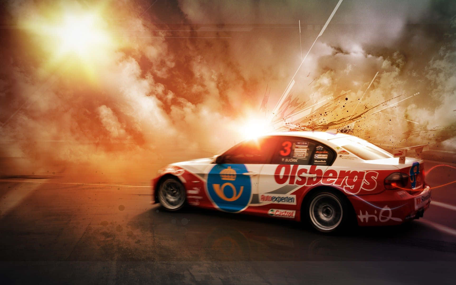 Racing Games 桌布 壁紙 — 一輛帶有Olbergs品牌的紅白賽車在塵土飛揚的賽道上疾馳，背景是熾熱的太陽天空。