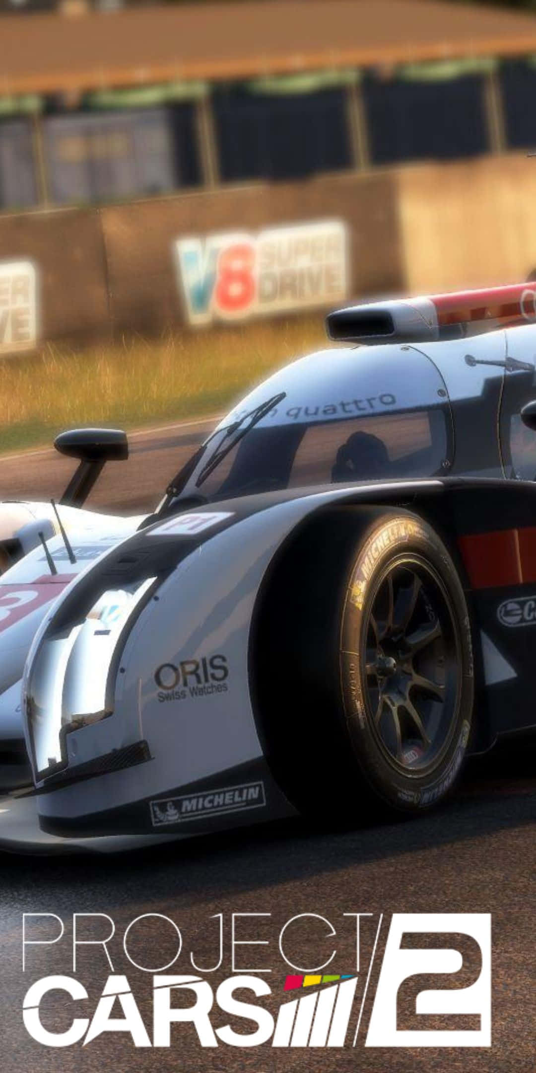 Pixel 3 Project Cars 2 桌布 壁紙 — 一輛帶有quattro標誌的時尚銀色賽車，在陽光明媚的賽道上疾馳，背景是模糊的看台。