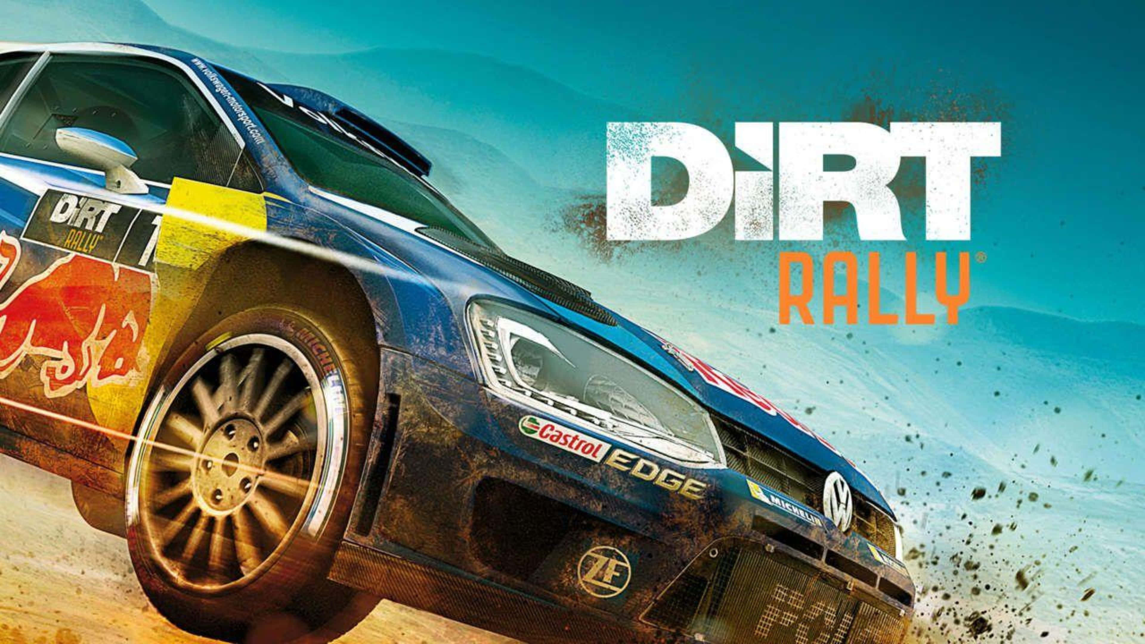 4K Dirt Rally 桌布 壁紙 — 一輛帶有Red Bull和Castrol貼紙的藍色拉力賽車在晴朗的天空下，在塵土飛揚的地形上高速行駛，揚起泥土。