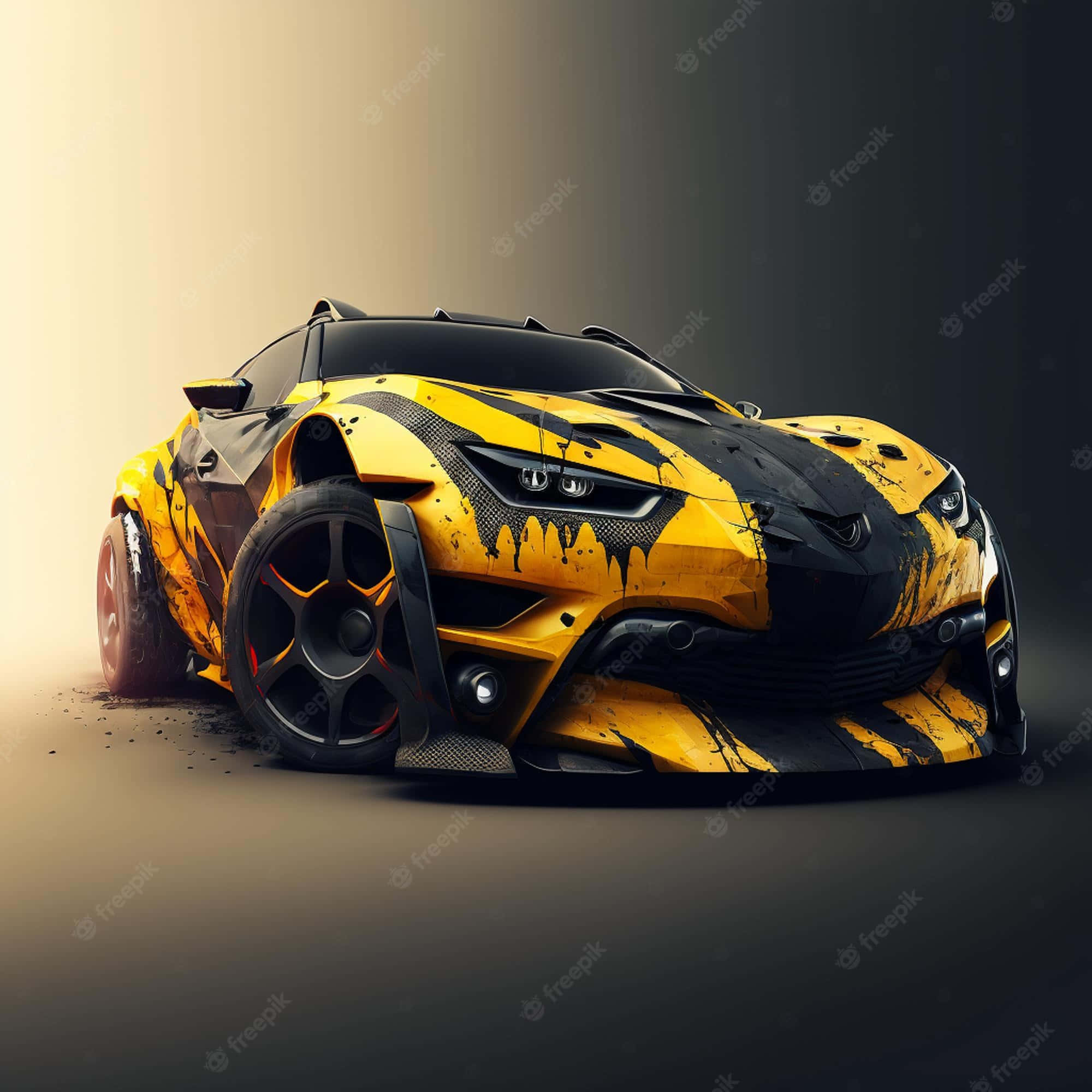Best Bugatti 桌布 壁紙 — 一輛帶有侵略性油漆飛濺設計的兇猛黃黑跑車在攝影棚內向前凝視。