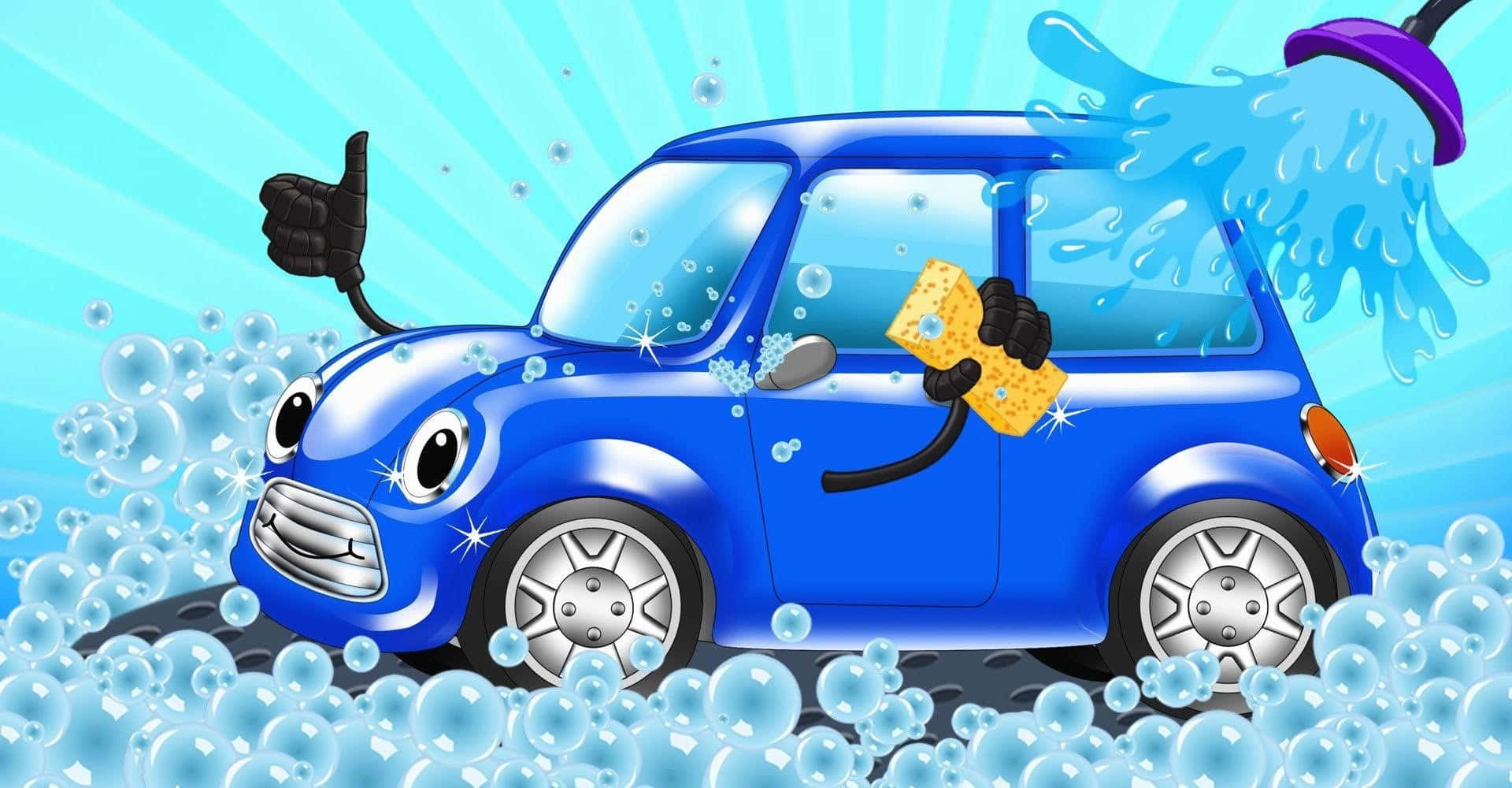 洗車 桌布 壁紙 — 一輛帶有凸眼的可愛藍色卡通車在肥皂泡和海綿清洗時豎起大拇指。