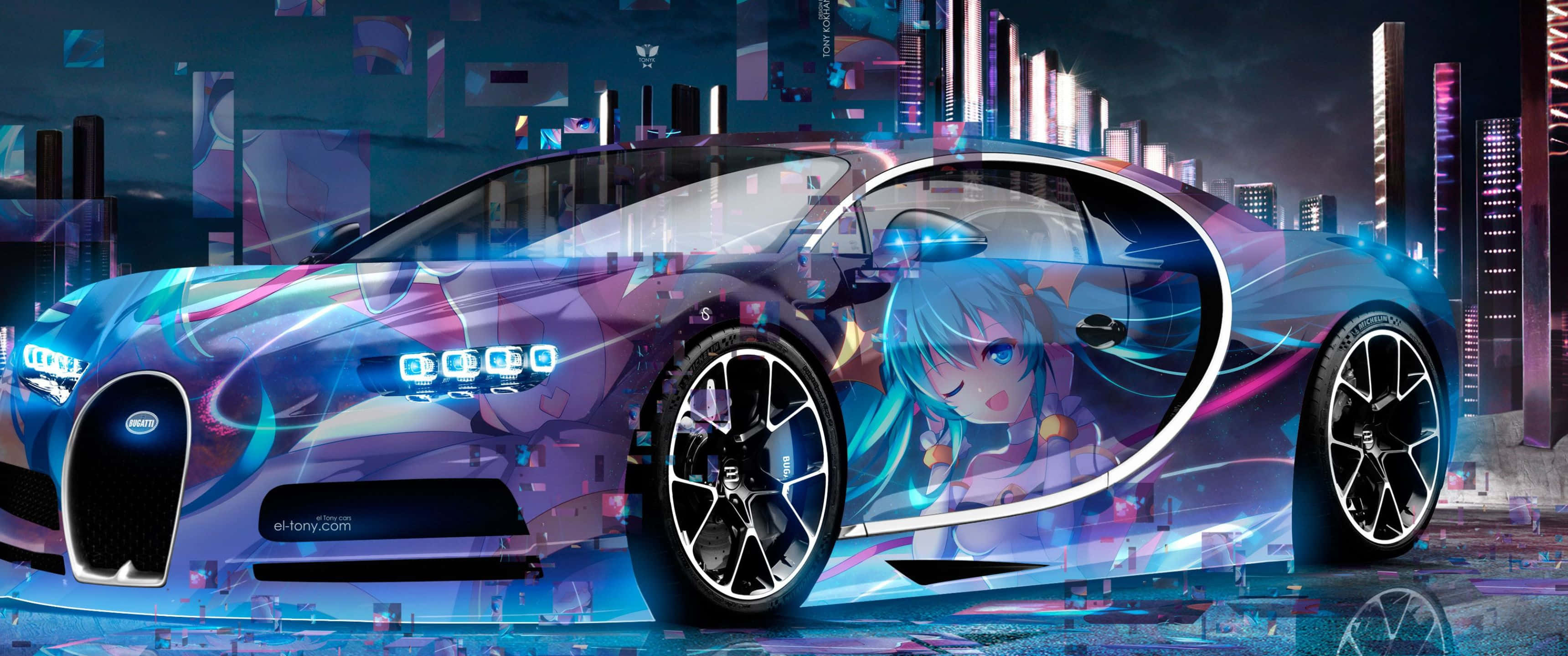 3440x1440p Bugatti 桌布 壁紙 — 一輛帶有動漫女孩圖案的未來感布加迪跑車，在夜晚的霓虹城市燈光下閃耀。
