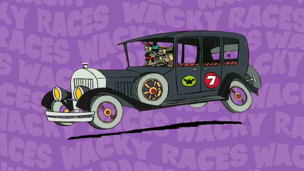 Cartoon 桌布 壁紙 — 一輛帶有卡通人物的復古賽車在充滿重複 wacky races 文字的紫色背景上行駛。
