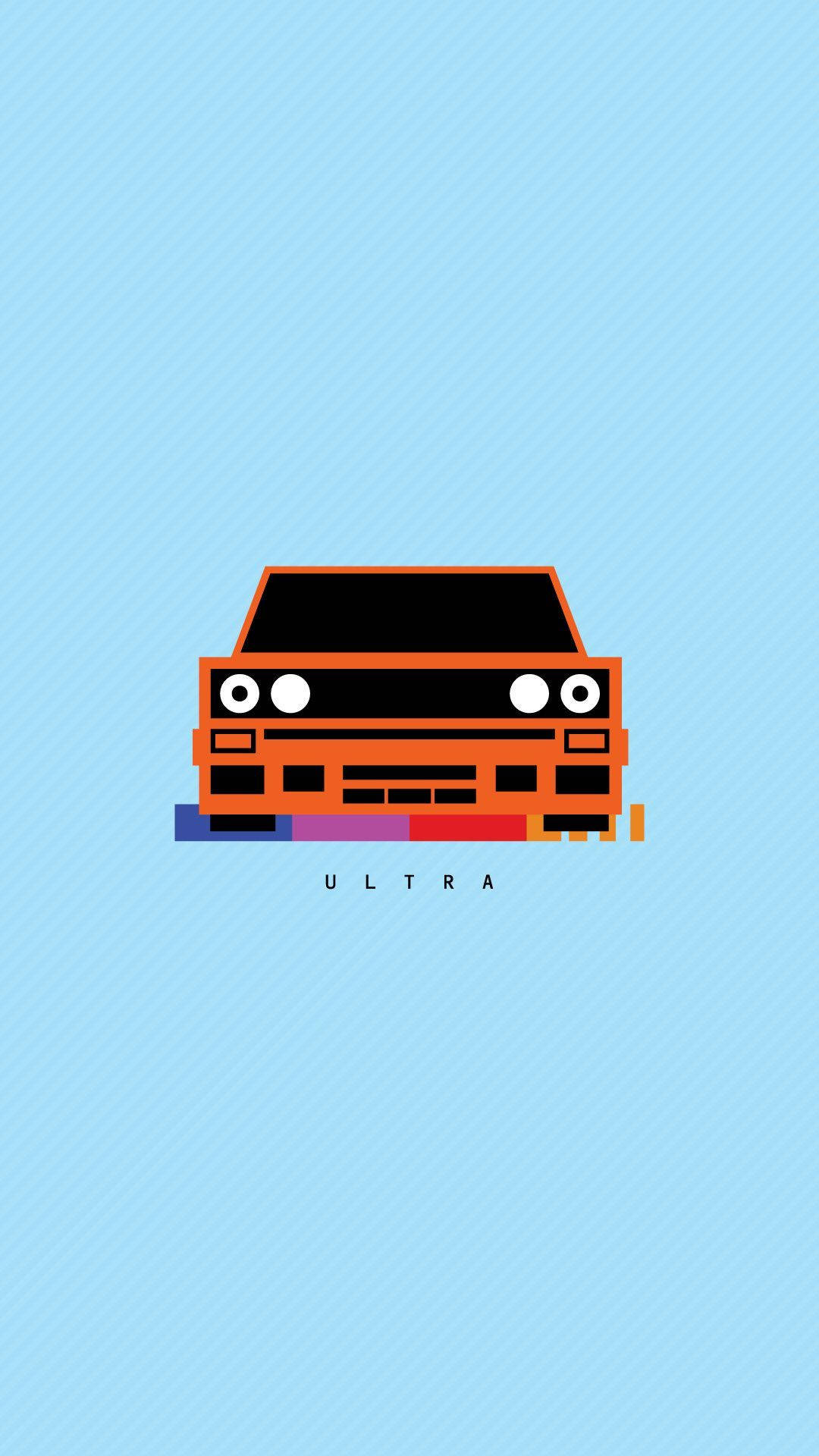 Frank Ocean 桌布 壁紙 — 一輛帶有卡通眼睛的風格化橙色汽車居中放置在淺藍色對角線條紋背景上，下方有 ultra 字樣。