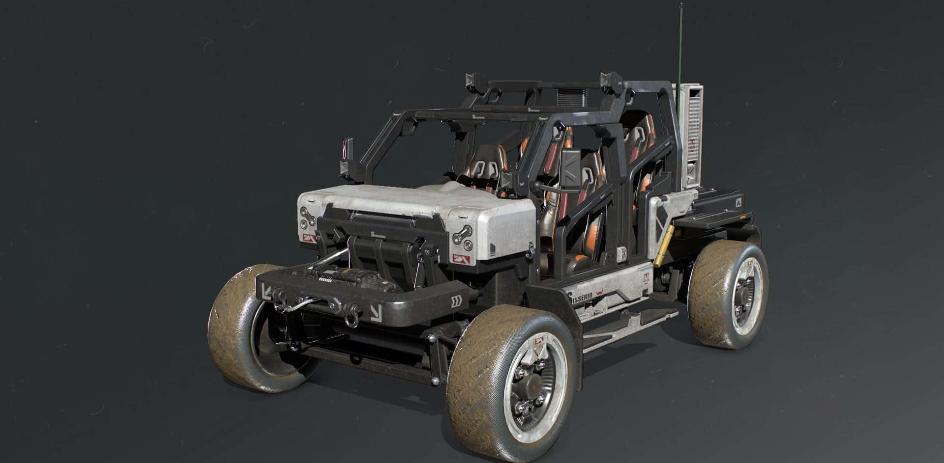 Call Of Duty Vehicles 桌布 壁紙 — 一輛帶有大輪胎和裸露車架的堅固越野車，在深色工作室背景前展示。