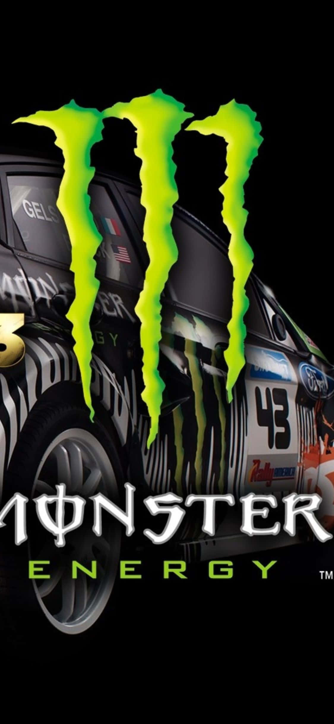 iPhone Xs Dirt 3 桌布 壁紙 — 一輛帶有斑馬條紋和發光綠色Monster Energy標誌的黑色拉力賽車，主宰著黑暗的背景。