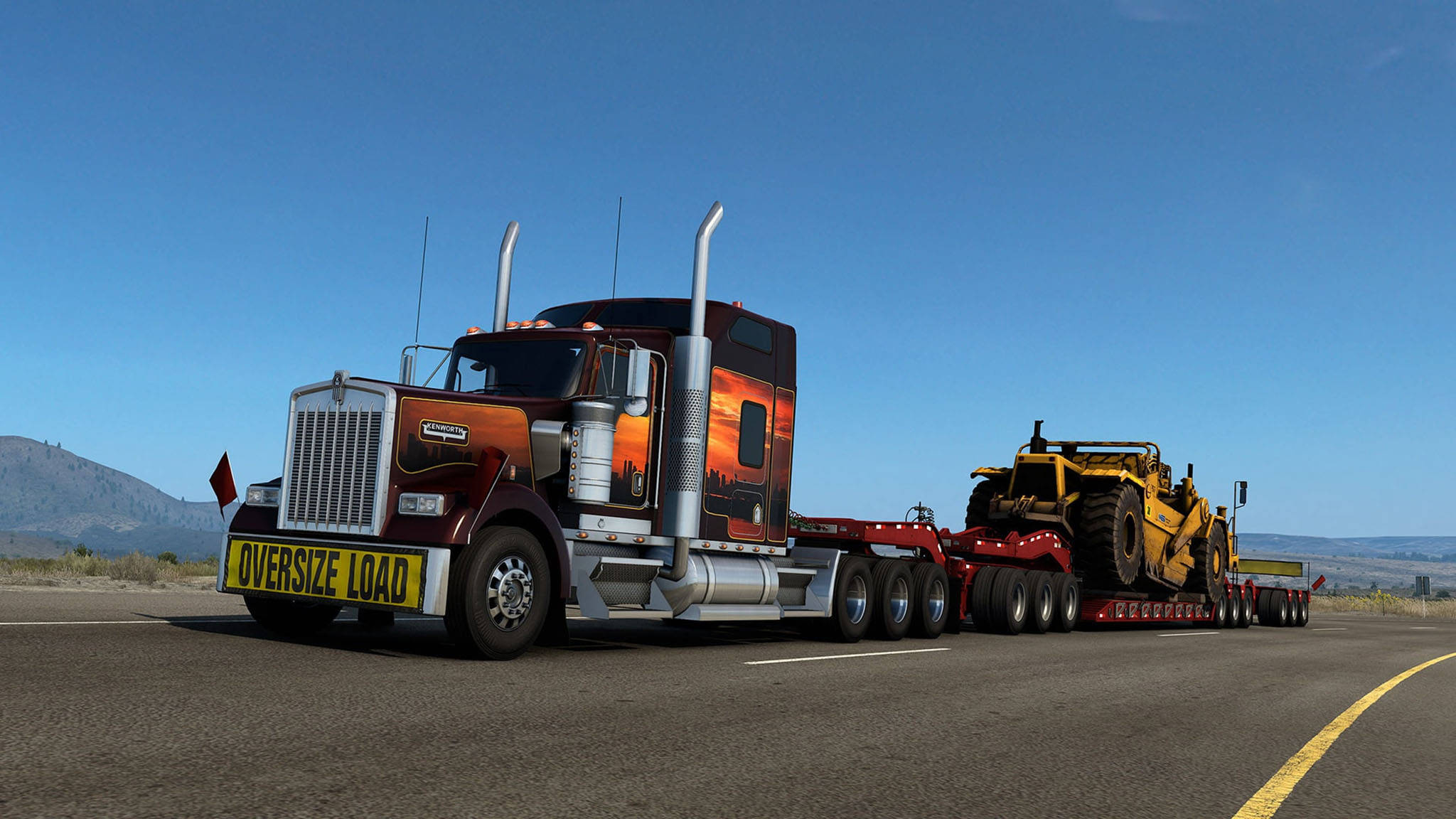 Kenworth W900 桌布 壁紙 — 一輛帶有日落壁畫的栗色半掛卡車在晴朗的藍天下沿著沙漠高速公路運載一輛黃色推土機在平板車上。