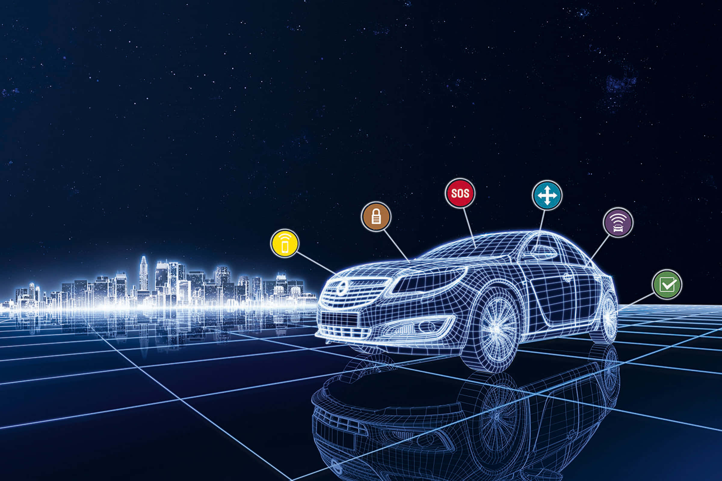 Car Technology 桌布 壁紙 — 一輛帶有發光圖標的線框未來汽車懸浮在數位網格上方，下方是霓虹燈照亮的天際線，背景是繁星點點的夜空。
