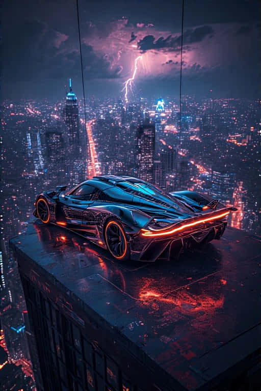 Exotic Hyper car on Neon City Rooftop Dramatic 4K 壁紙 — 一輛帶有發光橙色裝飾的時尚黑色跑車棲息在摩天大樓頂部，俯瞰著閃電劃過暴風雨紫色天空下的霓虹燈城市景觀。