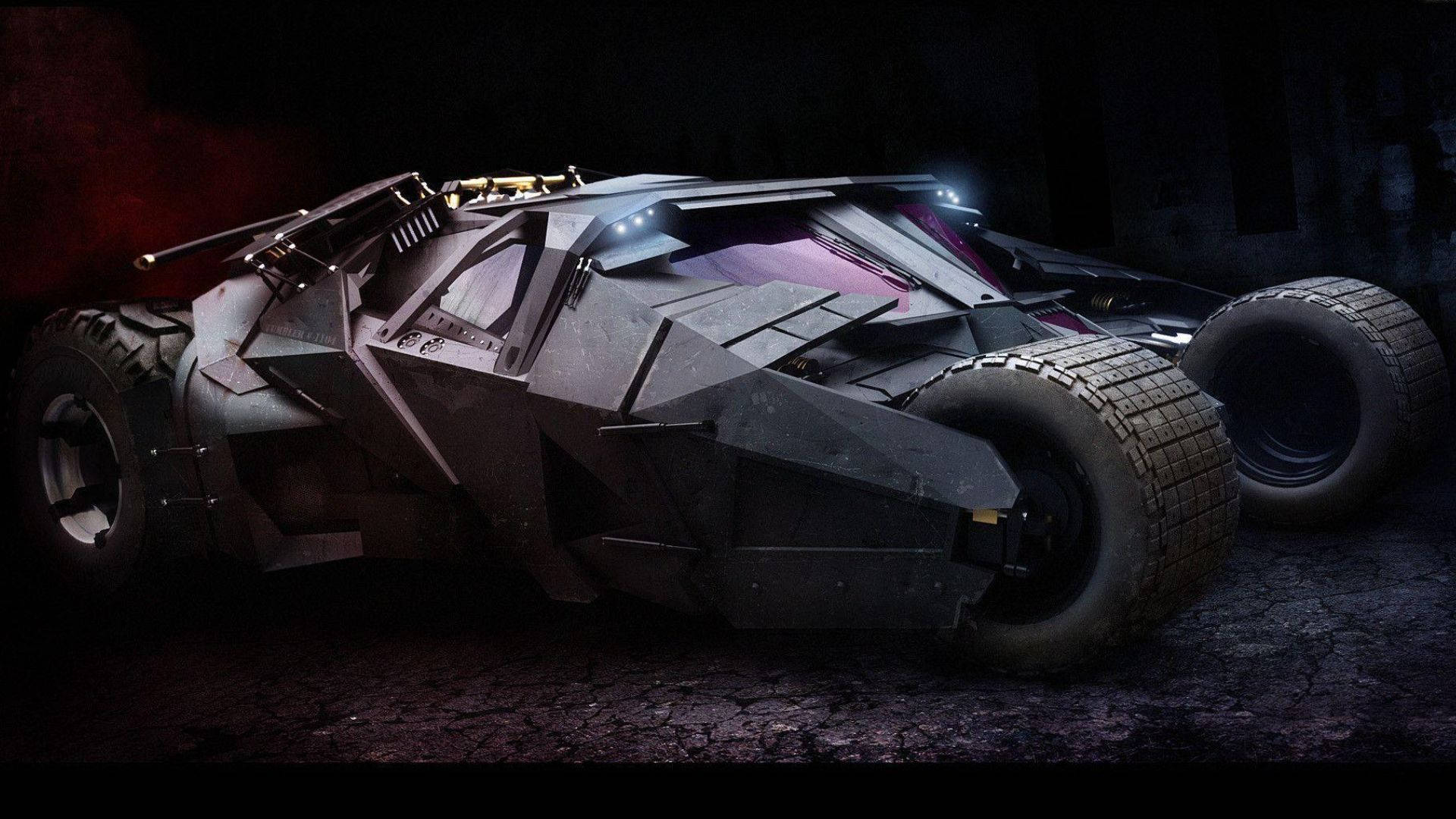 Batmobile 桌布 壁紙 — 一輛帶有發光燈光的威脅性黑色裝甲蝙蝠車停在黑暗城市環境中破裂的瀝青路面上。