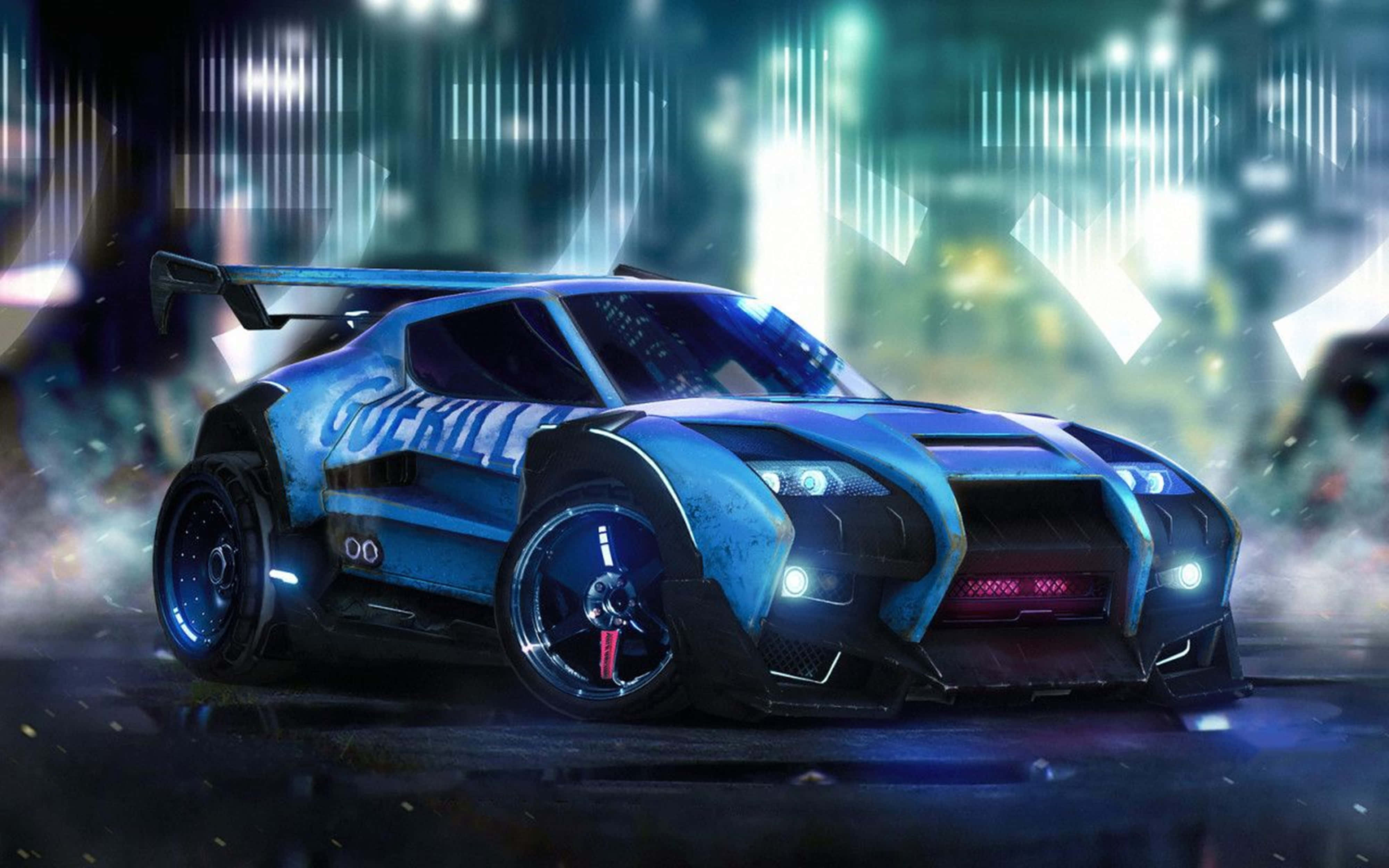 Rocket League Art 桌布 壁紙 — 一輛帶有發光燈光的未來主義藍色賽車在霓虹燈照亮的城市夜景中飛馳。