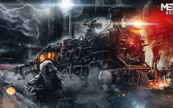 Train 桌布 壁紙 — 一輛帶有發光紅星標誌的蒸汽火車頭衝過風暴中的末日城市景觀，武裝人物準備就緒。