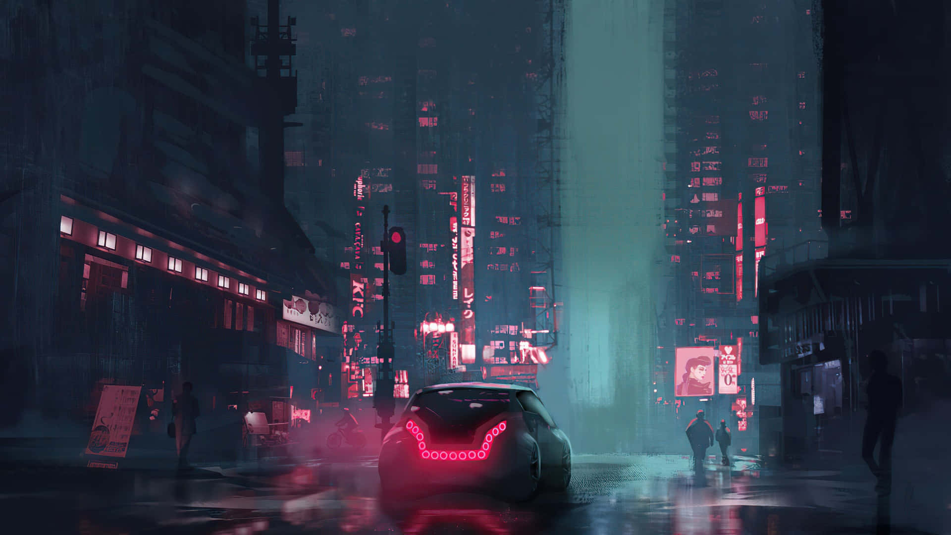 Cyberpunk Laptop 桌布 壁紙 — 一輛帶有發光紅色尾燈的未來主義汽車在夜晚行駛在霓虹燈閃爍、雨水浸濕的賽博朋克城市街道上。