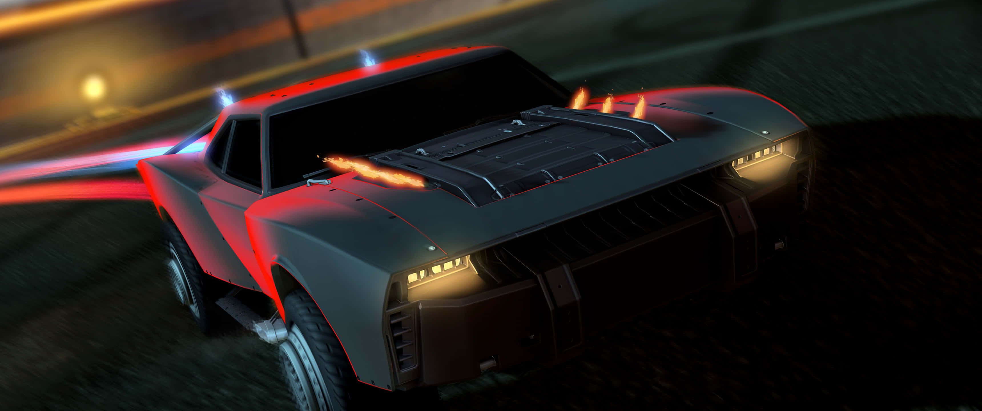3440x1440p Rocket League 桌布 壁紙 — 一輛帶有發光紅色裝飾的未來主義跑車在夜間穿過黑暗隧道，留下動態模糊軌跡。