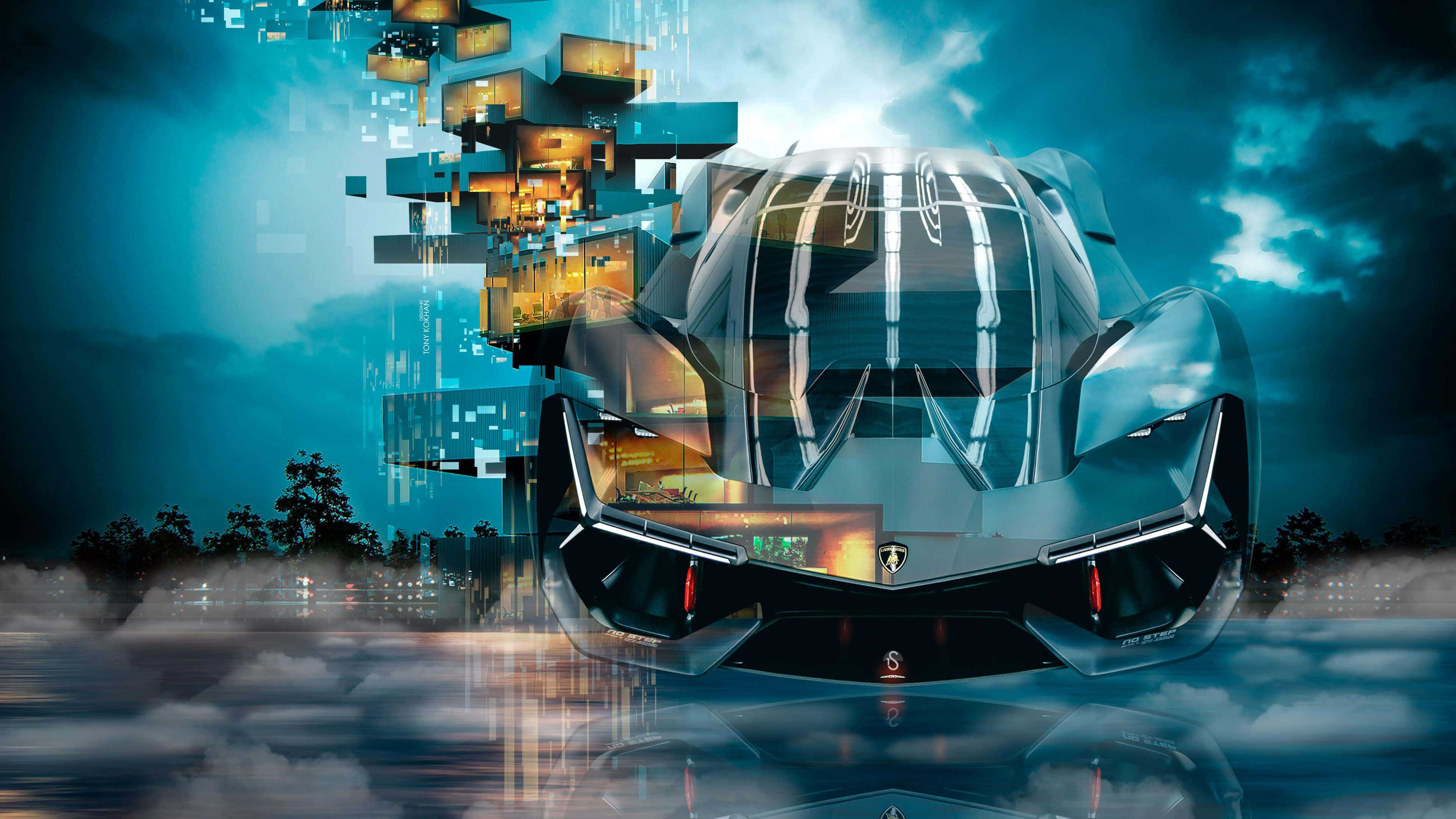 Car Design 桌布 壁紙 — 一輛帶有發光紅色裝飾的未來感銀色跑車，在暴風雨藍天下漂浮於水面上，周圍有浮動的數位立方體。
