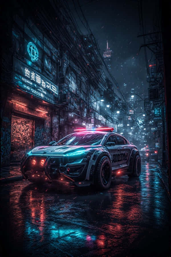 Urban 桌布 壁紙 — 一輛帶有發光紅藍燈的未來警車在夜晚駛過霓虹燈浸濕的潮濕賽博朋克小巷。