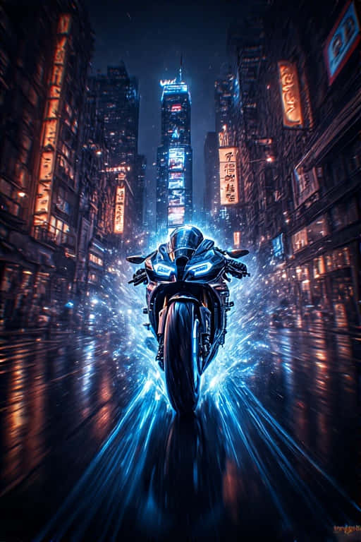 Neon Motorcycle Chase in Dark City Dynamic 4K 壁紙 — 一輛帶有發光藍光的未來摩托車在夜晚沿著濕滑的霓虹燈城市街道奔馳。
