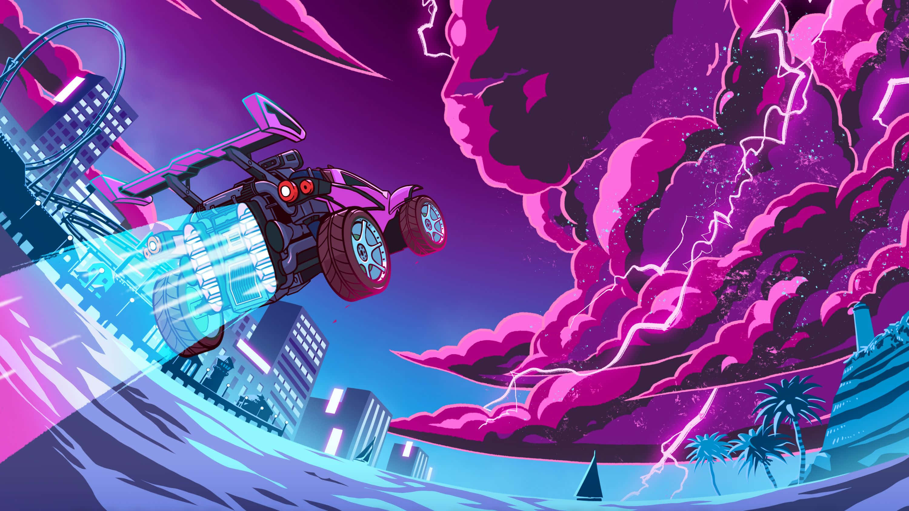 Best Rocket League 桌布 壁紙 — 一輛帶有發光藍色推進器的未來賽車在霓虹粉紅風暴中飛馳，穿越賽博朋克城市景觀。