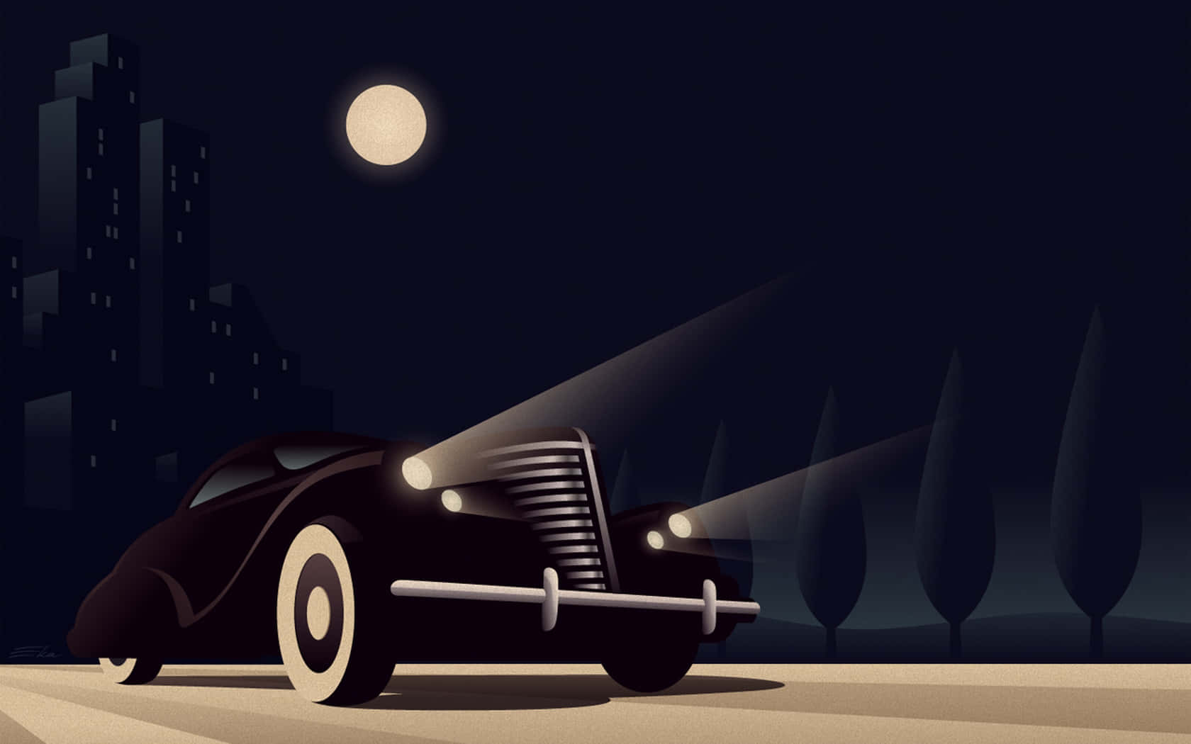 月夜星空 桌布 壁紙 — 一輛帶有發光車頭燈的復古黑色汽車在滿月下行駛，穿過高樓大廈和剪影樹木的黑暗城市景觀。