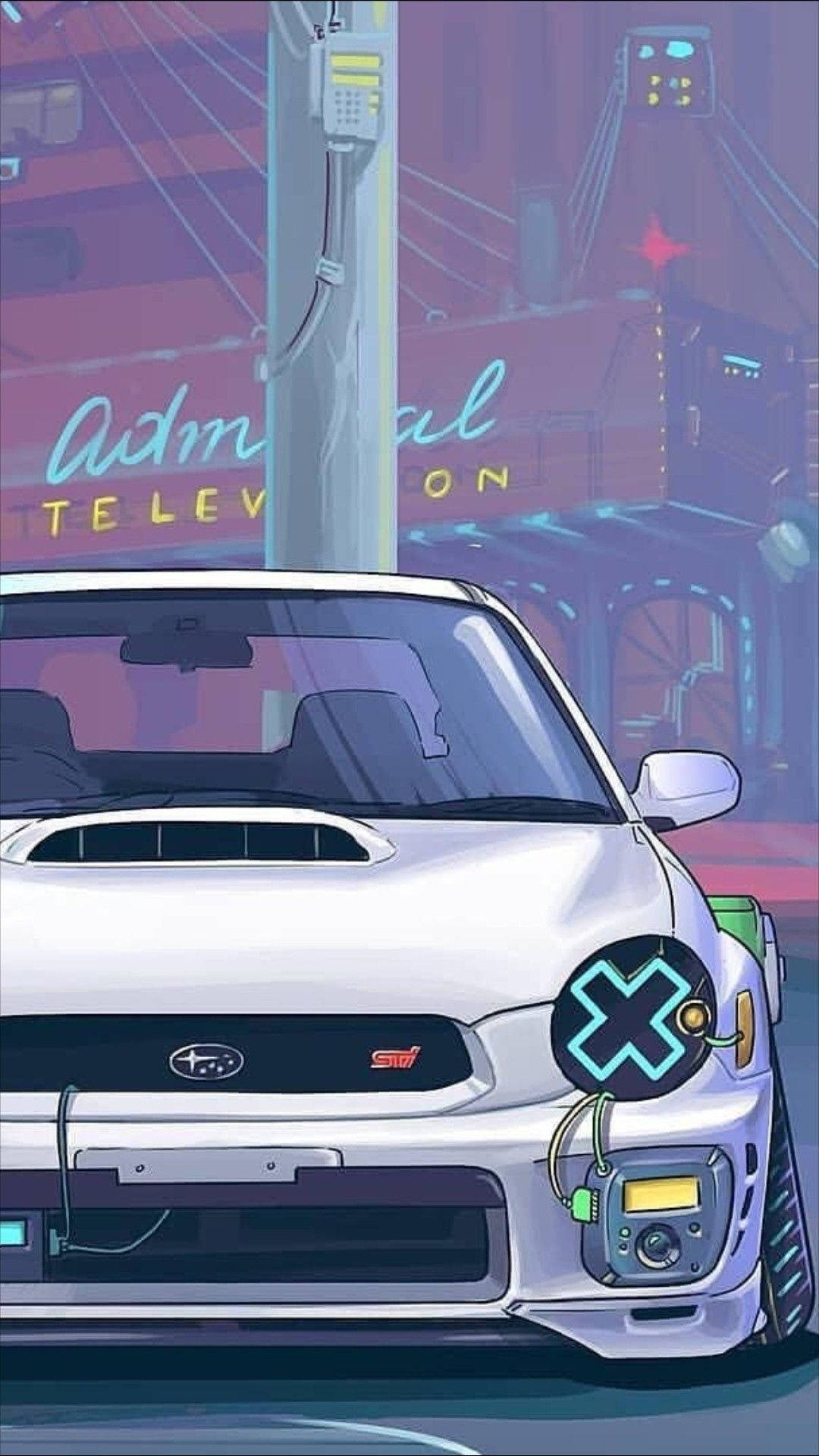 美學 桌布 壁紙 — 一輛帶有發光霓虹X標誌的白色Subaru STI，停在夜晚的賽博龐克城市景觀中。