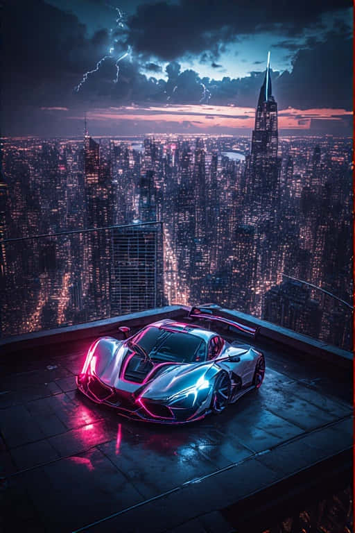 Exotic Hyper car on Neon City Rooftop Dramatic 4K 壁紙 — 一輛帶有發光霓虹燈的未來主義跑車停在屋頂上，俯瞰著閃電風暴天空下的廣闊城市景觀。