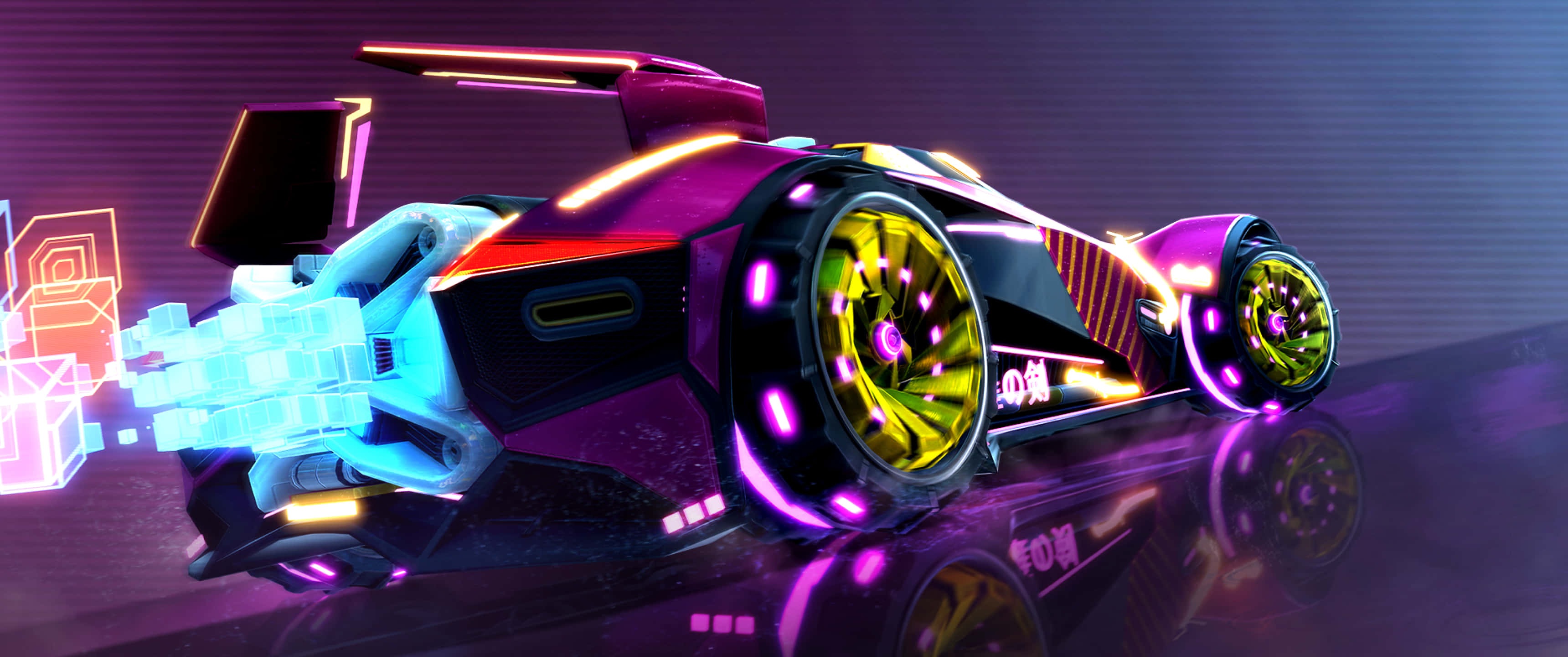 3440x1440p Rocket League 桌布 壁紙 — 一輛帶有發光霓虹紫色和黃色點綴的未來主義賽車，在充滿活力的數位燈光下，在反光表面上疾馳。