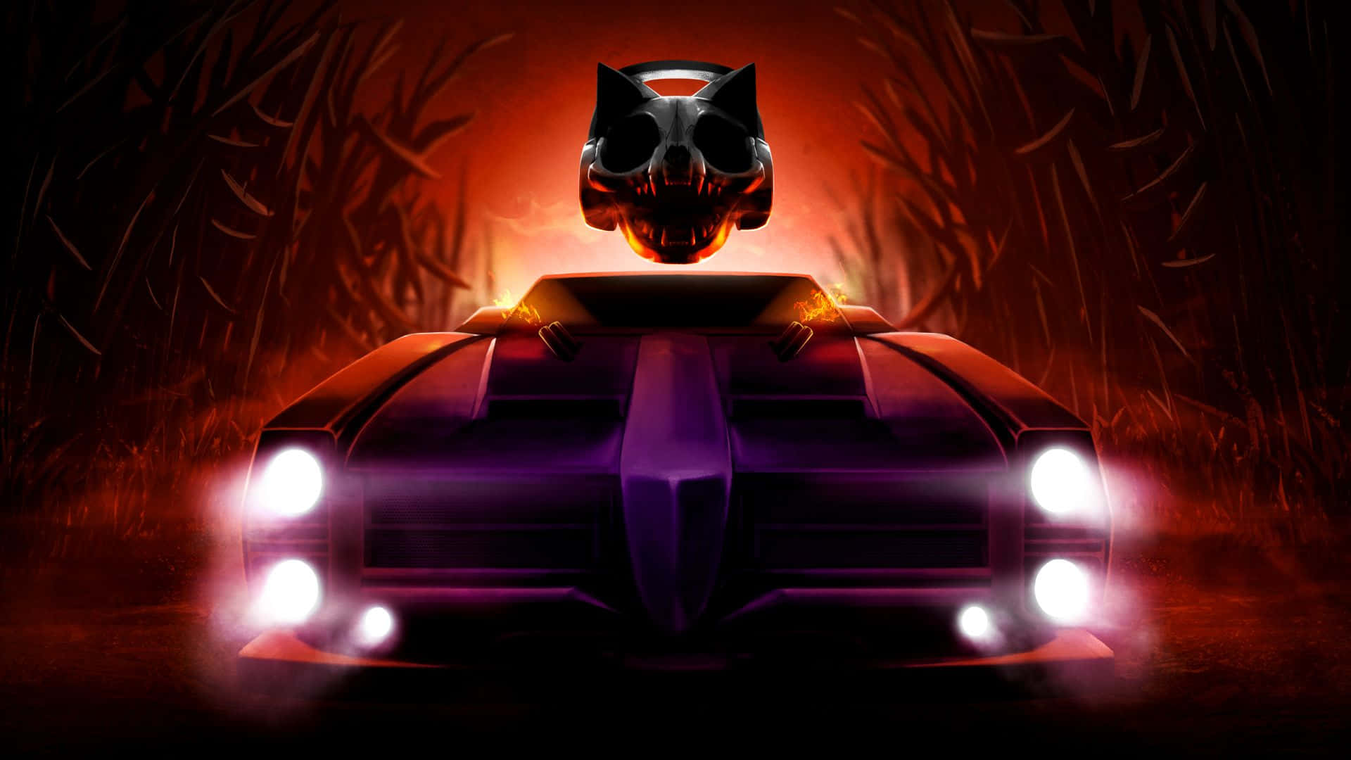 1920x1080 Rocket League 桌布 壁紙 — 一輛帶有發光骷髏頭引擎蓋飾物的紫色汽車在夜間高速穿過一條火紅色的高草隧道。