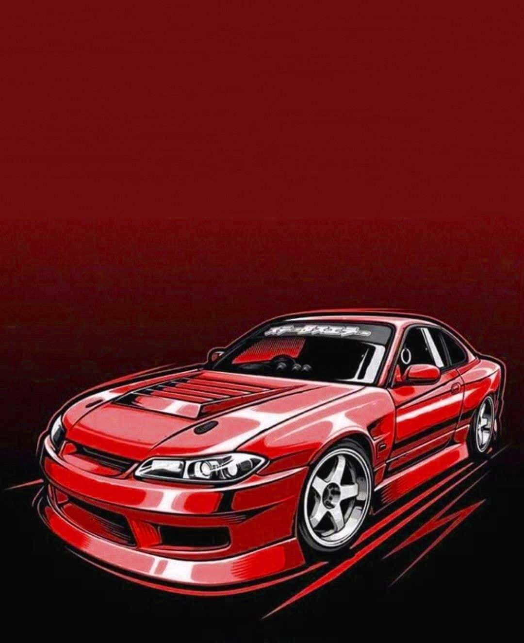 JDM 桌布 壁紙 — 一輛帶有白色賽車條紋的鮮紅色跑車在帶有運動線條的深紅色漸變背景上疾馳。