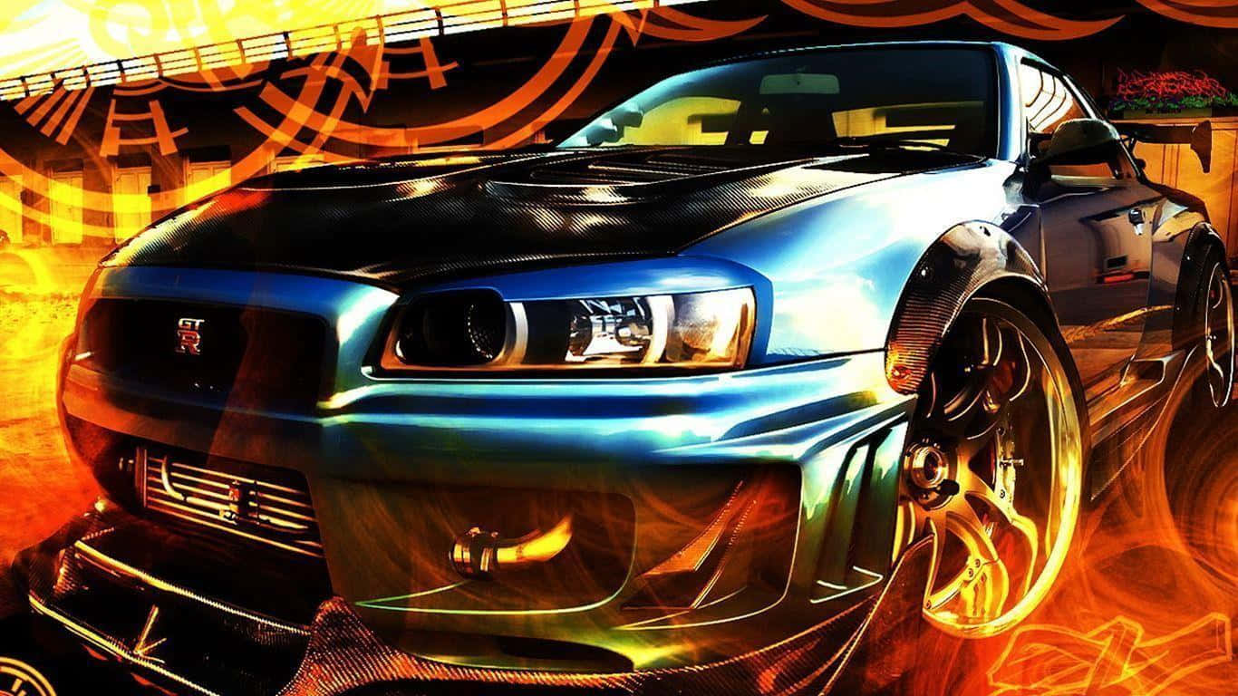 Car Design 桌布 壁紙 — 一輛帶有碳纖維細節和發光輪胎的藍色跑車，在熾熱的橙色和黃色抽象背景中佔據主導地位。