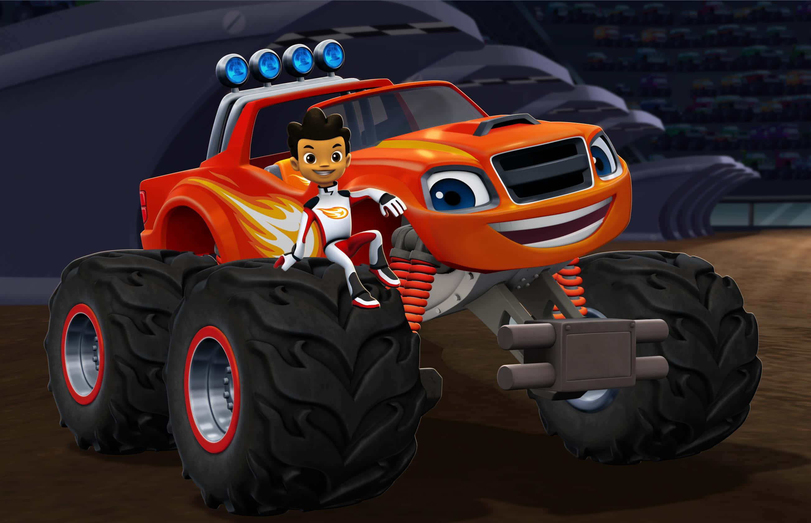 Blaze And The Monster Machines 桌布 壁紙 — 一輛帶有笑臉和年輕司機的橙色怪物卡車自豪地停在體育場環境中。