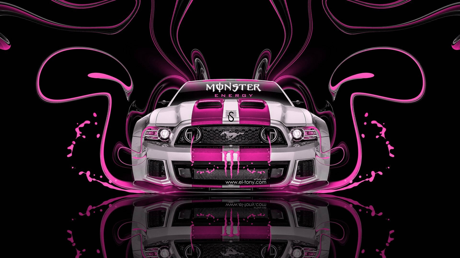 full screen HD 桌布 壁紙 — 一輛帶有粉紅色Monster Energy條紋的銀色Mustang，在黑色背景上被發光的粉紅色液體漩渦包圍。