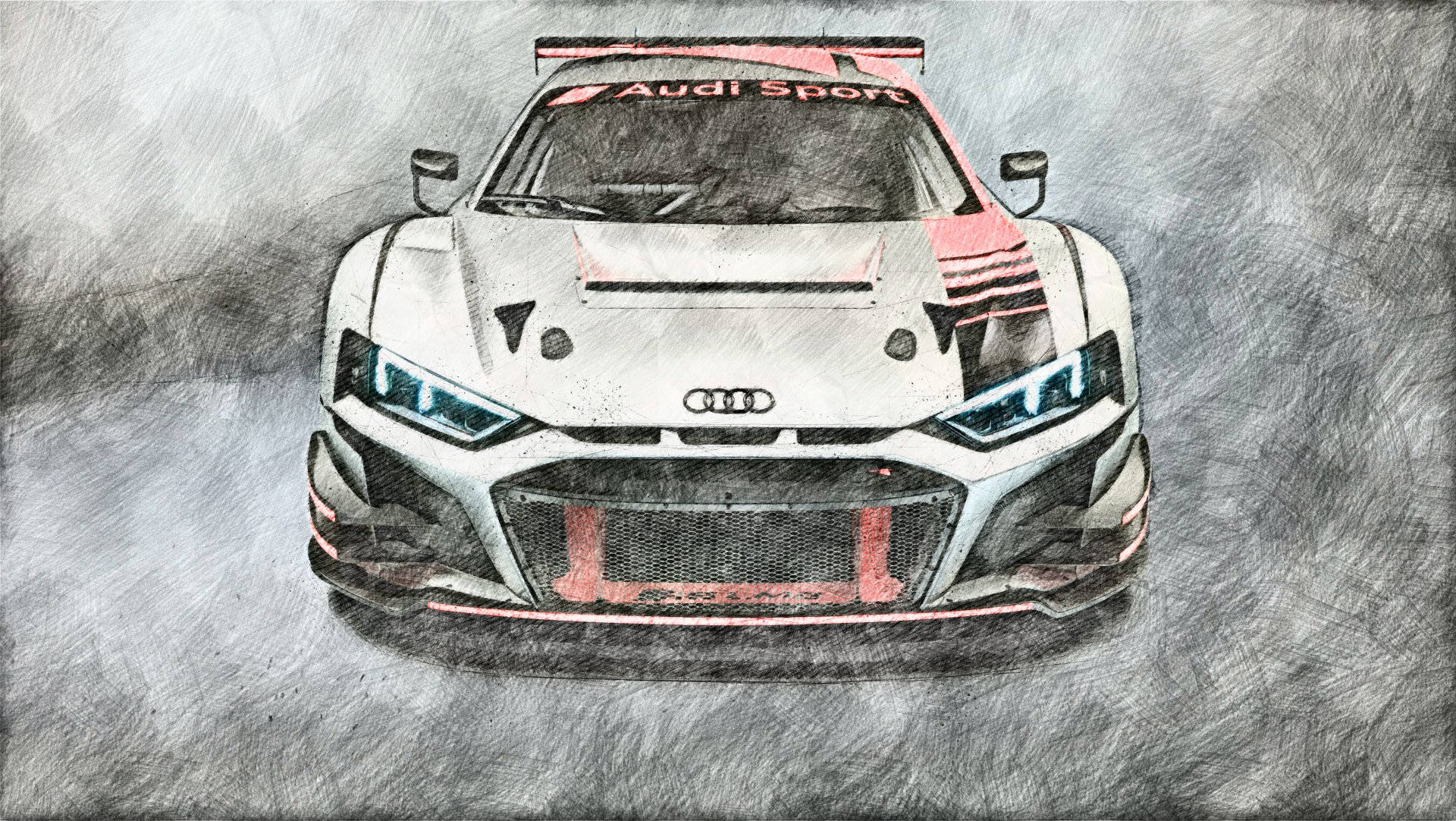 R8 桌布 壁紙 — 一輛帶有粉紅色點綴和發光藍色車頭燈的白色Audi Sport賽車，在紋理灰色背景前直視前方。