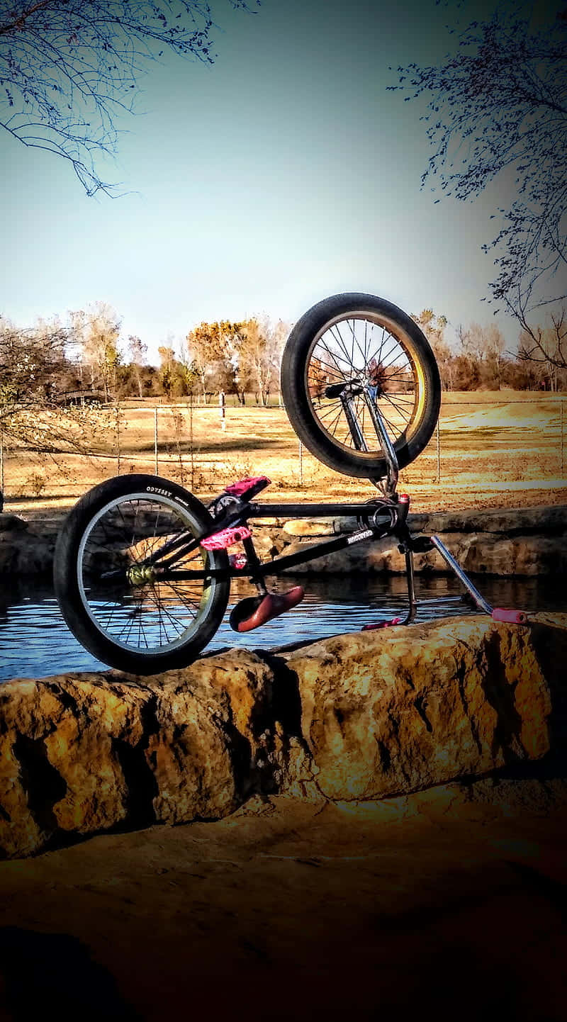 bmx 桌布 壁紙 — 一輛帶有粉紅色點綴的黑色BMX自行車，在晴朗天空下平靜水面上方的岩石邊緣保持平衡。