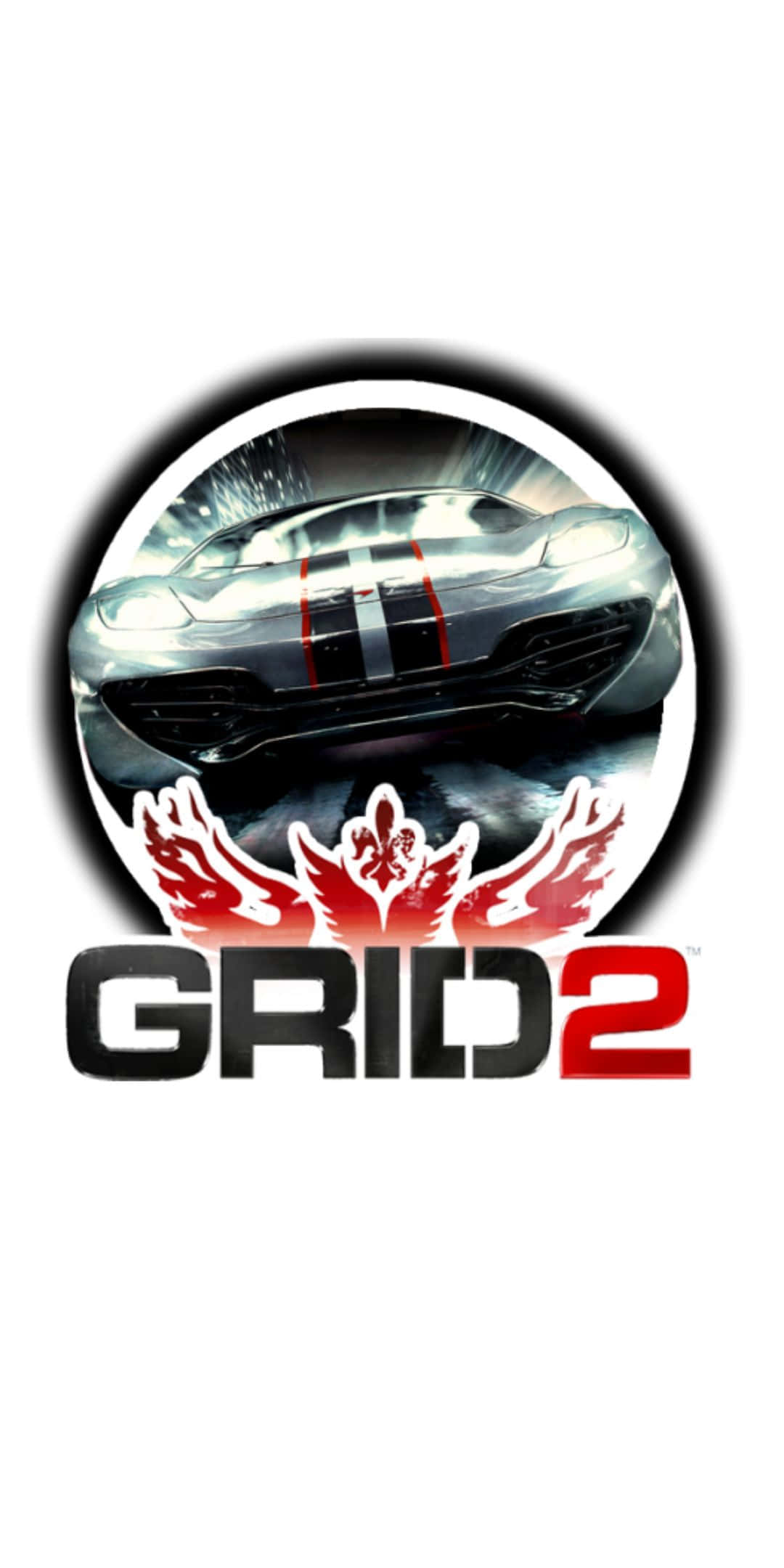 電玩遊戲 桌布 壁紙 — 一輛帶有紅色條紋的時尚銀色賽車在GRID 2的圓形標誌中穿過模糊的隧道。