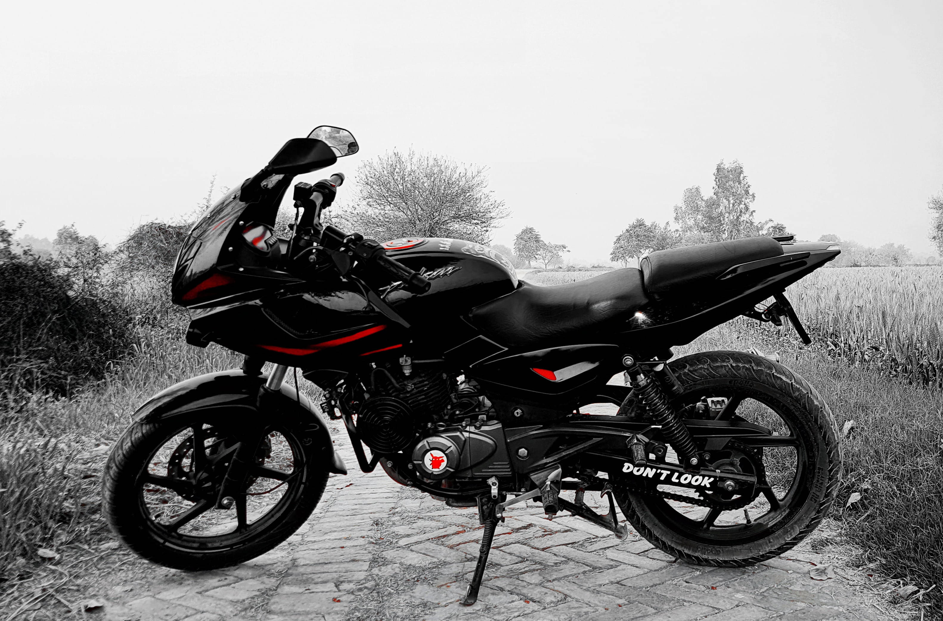 Pulsar 220 HD 桌布 壁紙 — 一輛帶有紅色點綴的時尚黑色摩托車，停在單色田野中的磚路上，田野裡有稀疏的樹木。