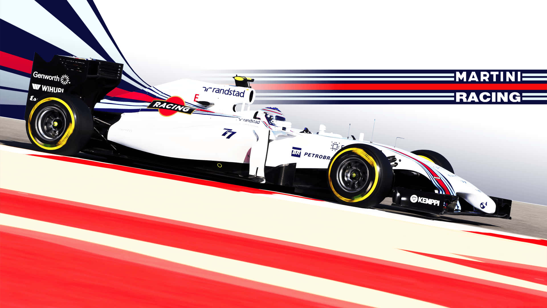 F1 2016 桌布 壁紙 — 一輛帶有紅藍條紋的白色馬丁尼賽車一級方程式賽車在紅白賽道上疾馳，帶有動態模糊效果。