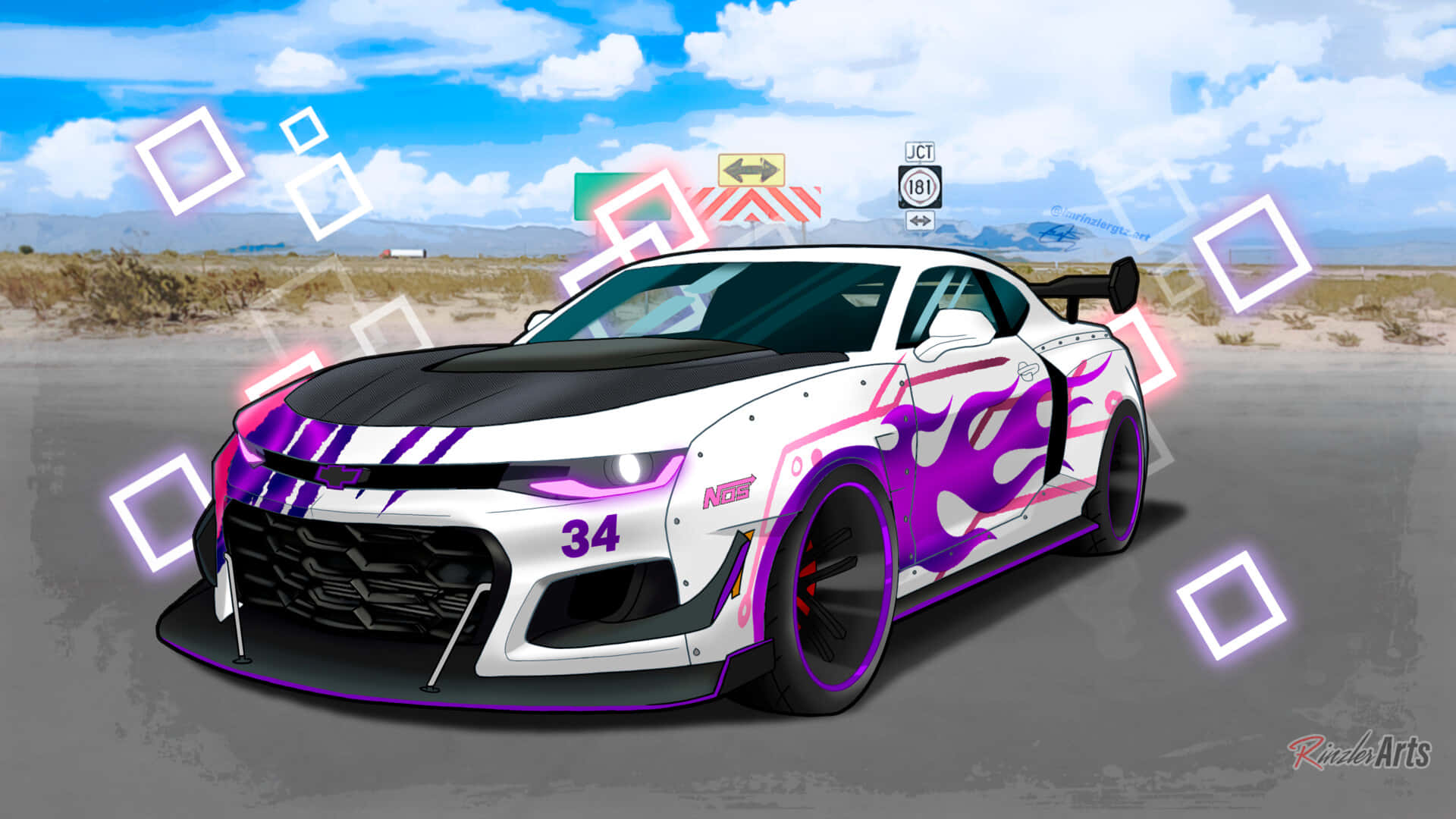 動漫車 桌布 壁紙 — 一輛帶有紫色火焰貼花的黑白賽車，在藍天白雲下的沙漠公路上疾馳。
