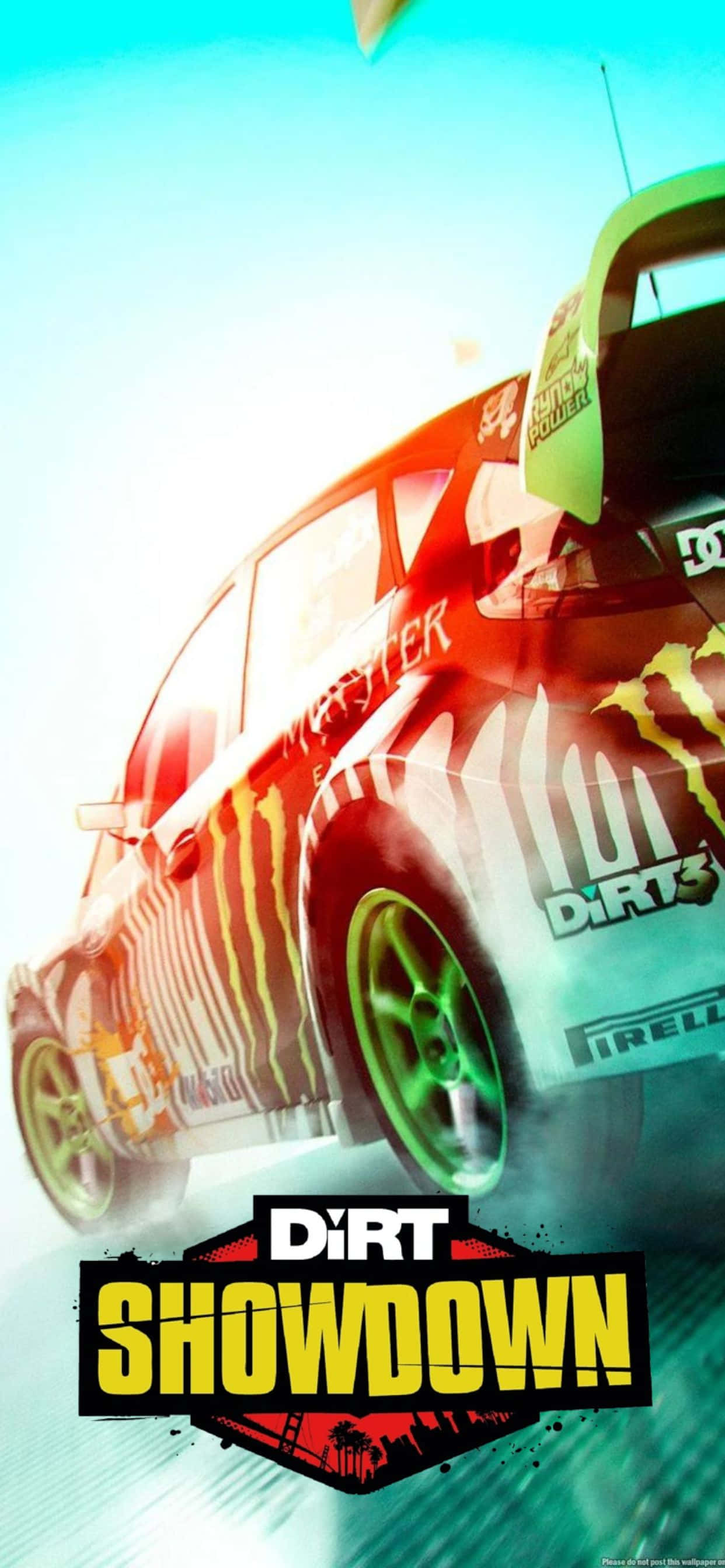 iPhone Xs Max Dirt Showdown 桌布 壁紙 — 一輛帶有綠色點綴的紅色拉力賽車在明亮的天空中向上加速，留下一道動態模糊的痕跡。
