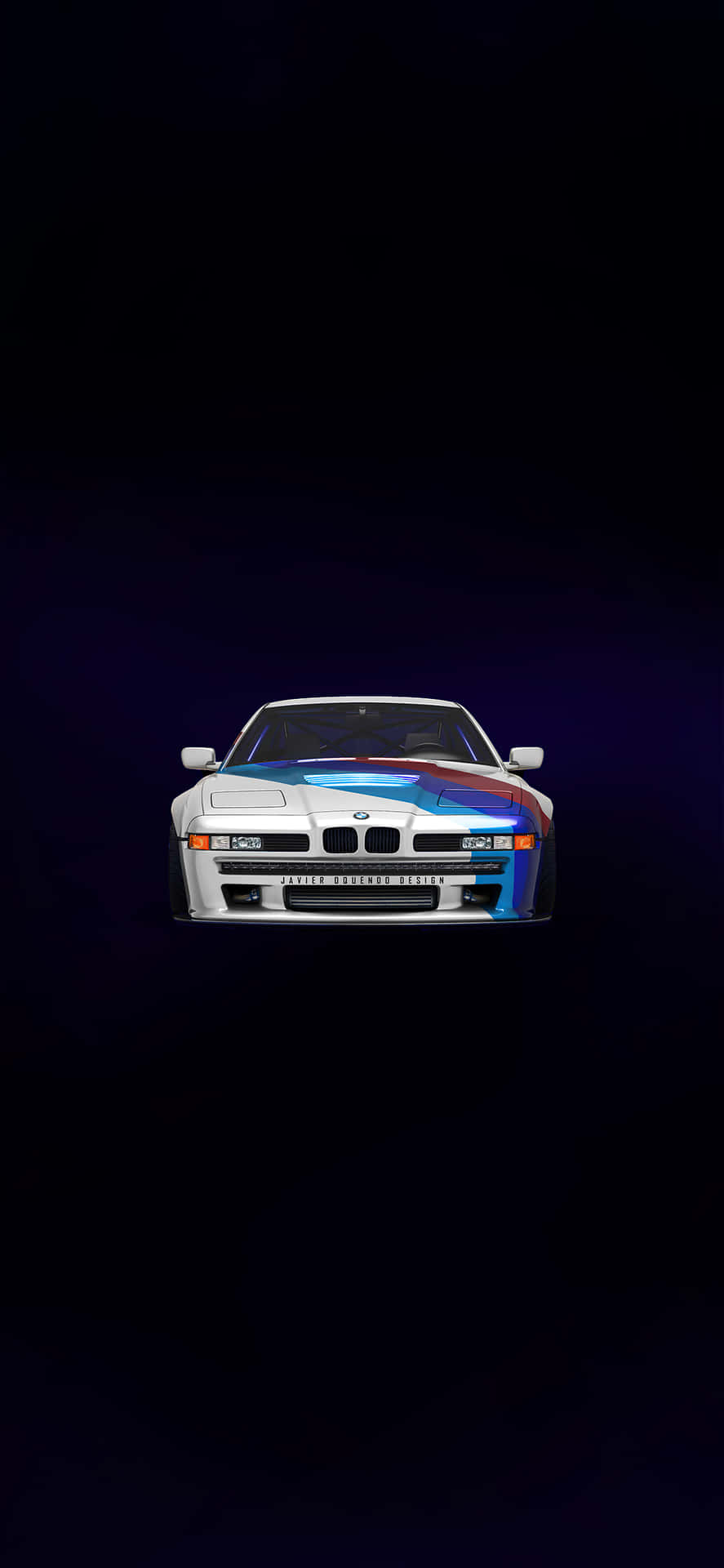 BMW 動圖 桌布 壁紙 — 一輛帶有藍色和紅色賽車條紋的白色BMW M1跑車在深色漸變背景上發光。