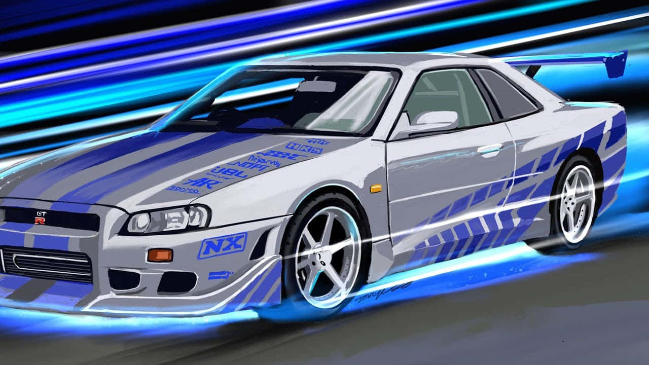 Paul Walker Skyline 桌布 壁紙 — 一輛帶有藍色賽車條紋的銀色日產Skyline GT-R在藍色動態模糊背景上疾馳前進。
