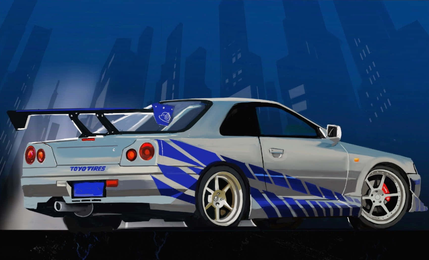 Paul Walker Skyline 桌布 壁紙 — 一輛帶有藍色賽車條紋的銀色日產Skyline GT-R在夜晚霓虹燈閃爍的城市景觀中疾馳。