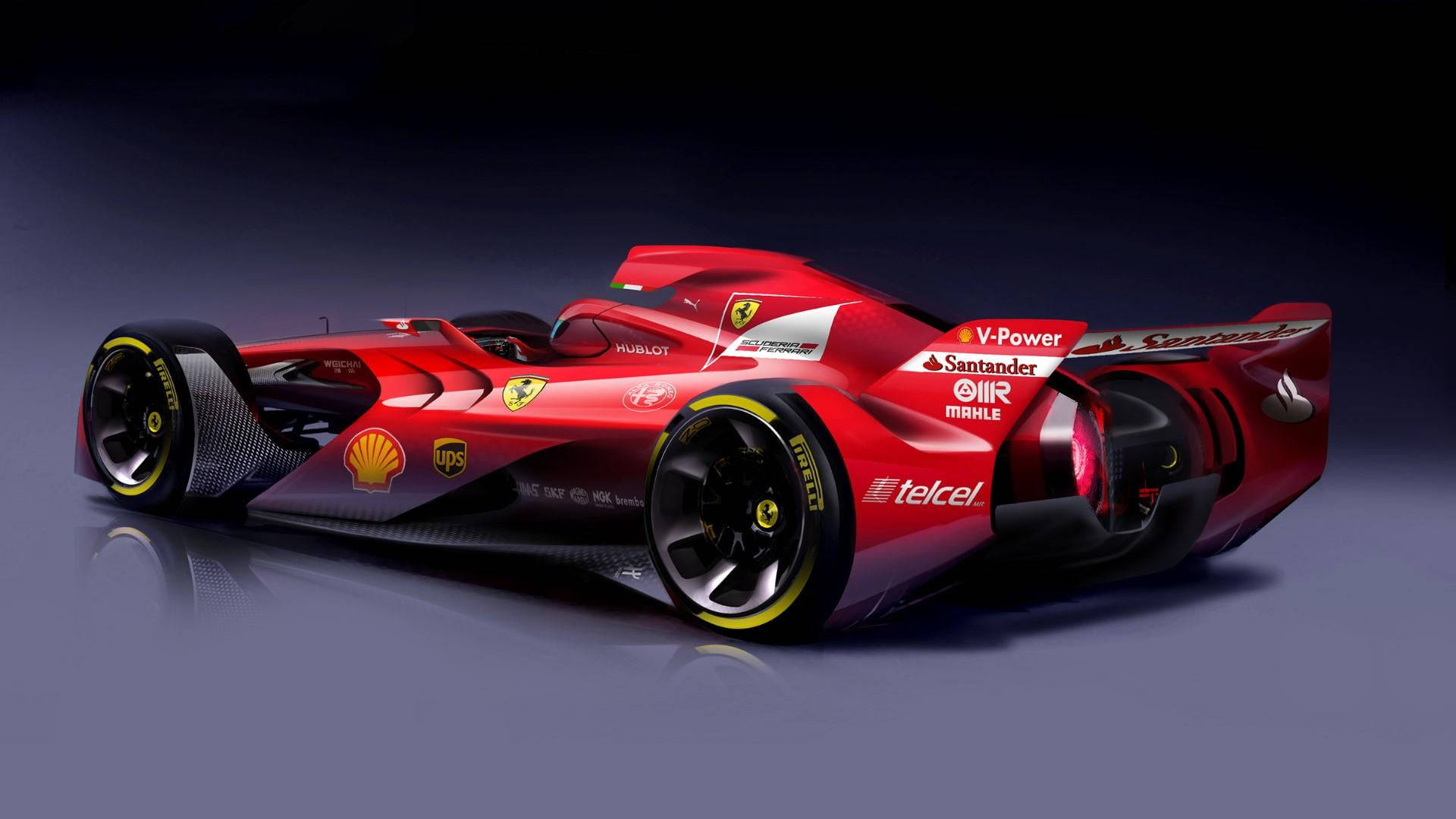 ferrari f1 2018 桌布 壁紙 — 一輛帶有贊助商標誌的時尚紅色法拉利一級方程式賽車在戲劇性燈光的攝影棚中展示。