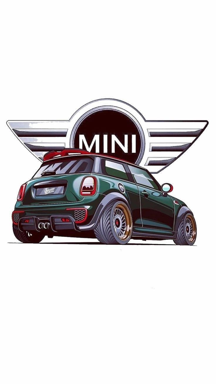 Mini Cooper 桌布 壁紙 — 一輛帶有金色輪圈和紅色點綴的綠色MINI Cooper，停放在一個大型MINI標誌徽章下方。