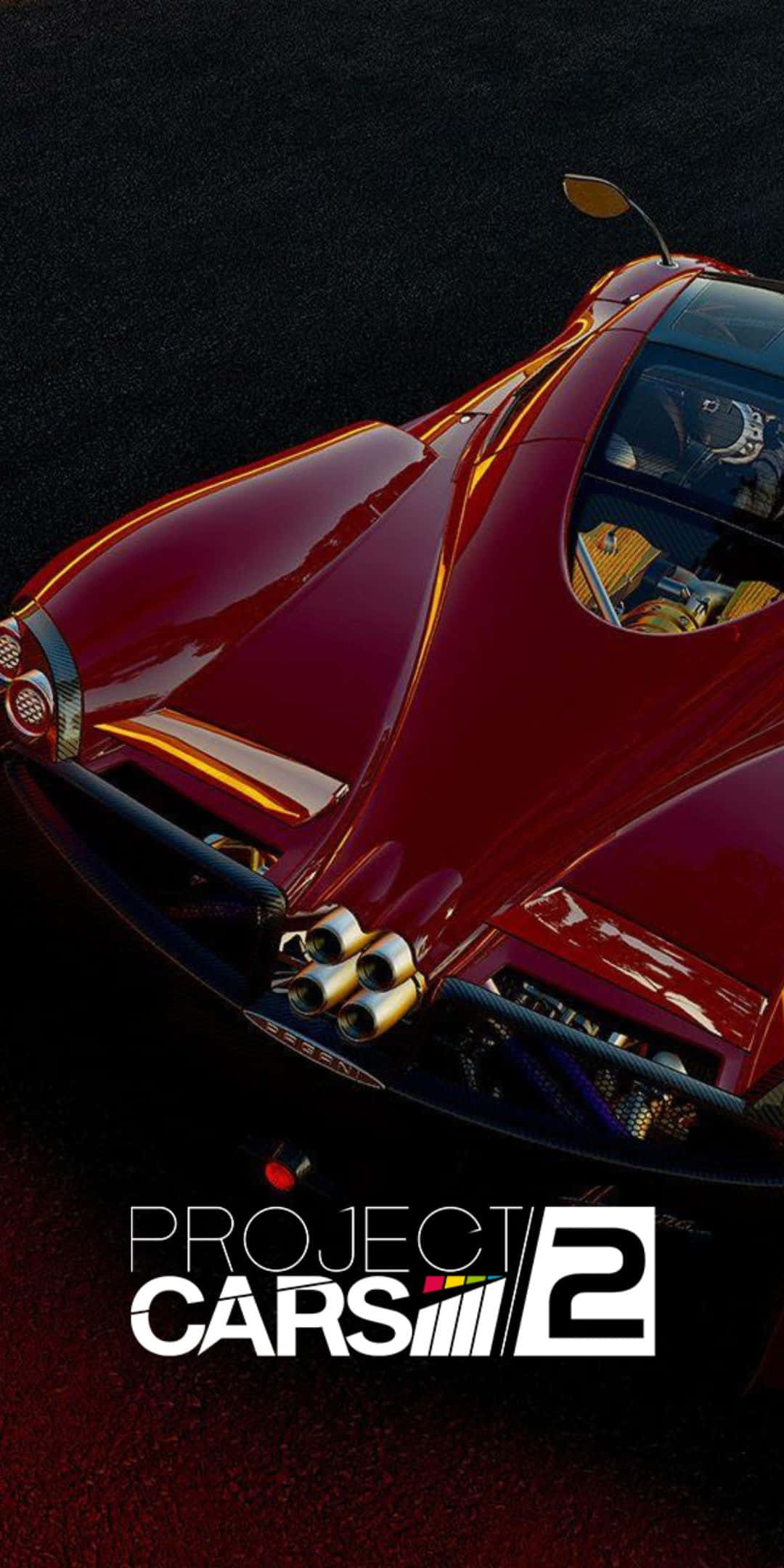 Pixel 3 Project Cars 2 桌布 壁紙 — 一輛帶有金色點綴和裸露排氣管的亮紅色賽車，在黑暗背景的戲劇性燈光下閃耀。