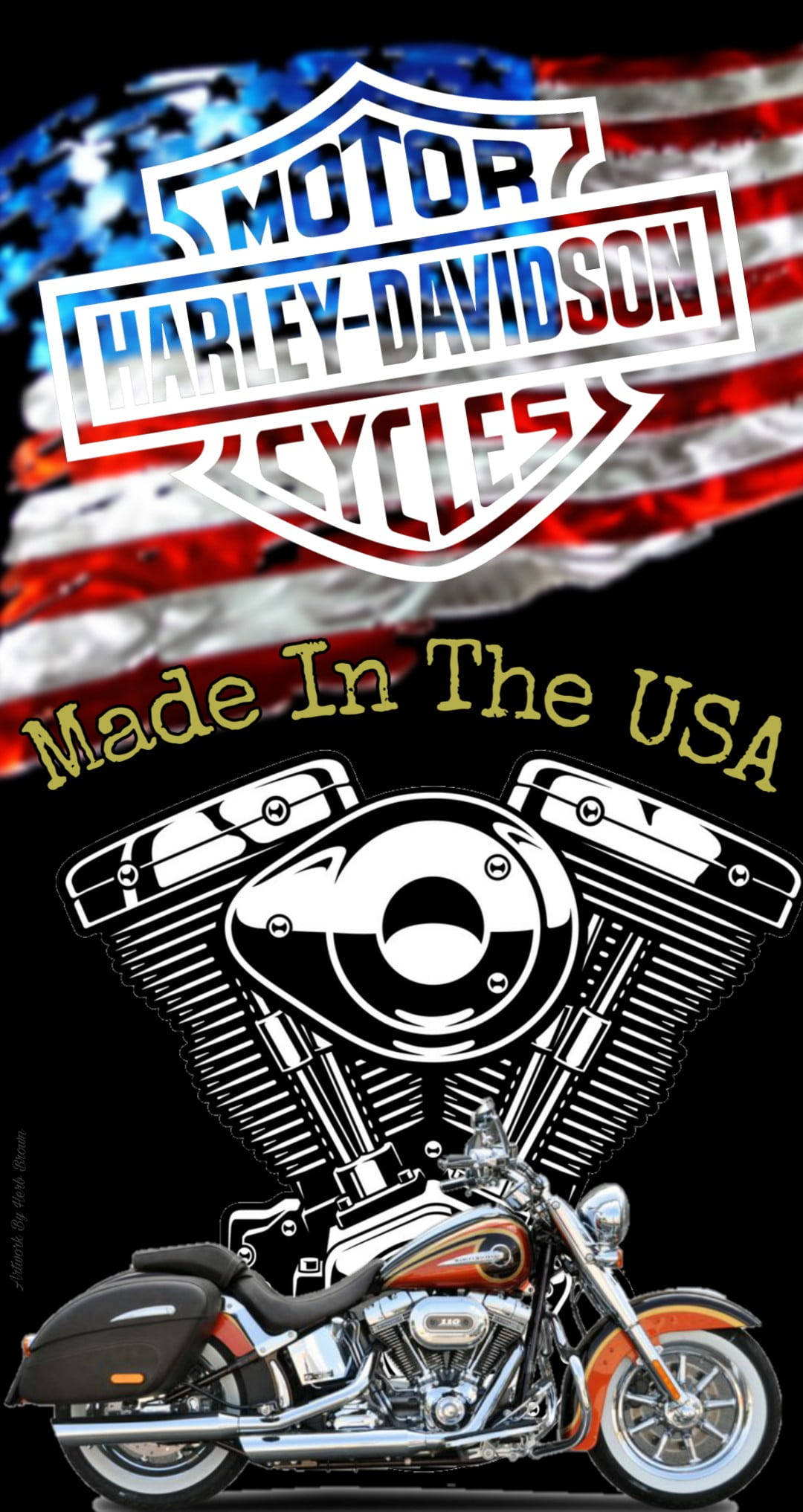 Harley-Davidson摩托車，帶有美國國旗背景和「Made In The USA」文字。 — 哈雷戴維森 GIF 壁紙