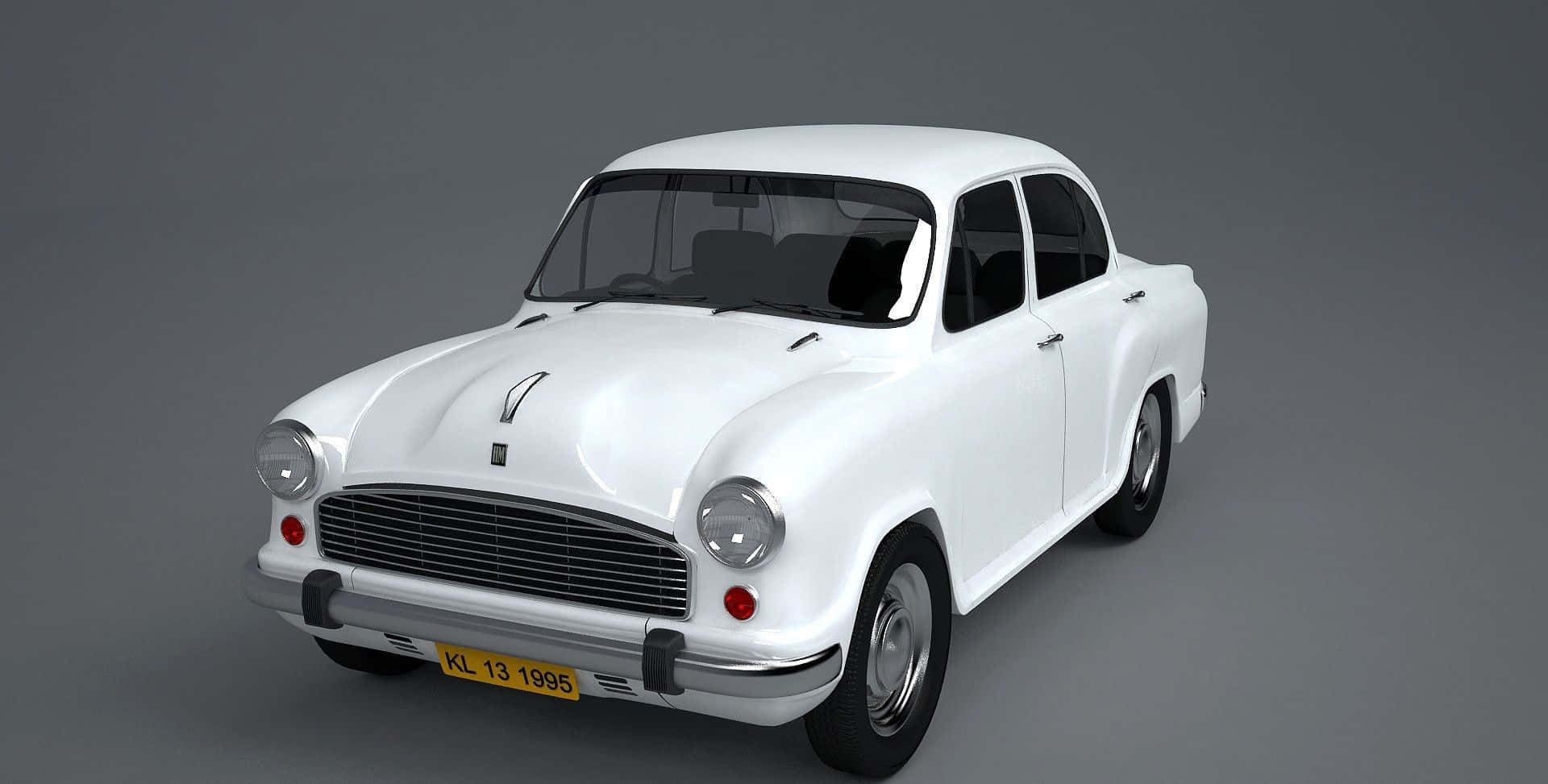 Hindustan Motors 桌布 壁紙 — 一輛帶有鍍鉻裝飾和圓形頭燈的純白色復古轎車，孤立地矗立在中性灰色工作室背景前。